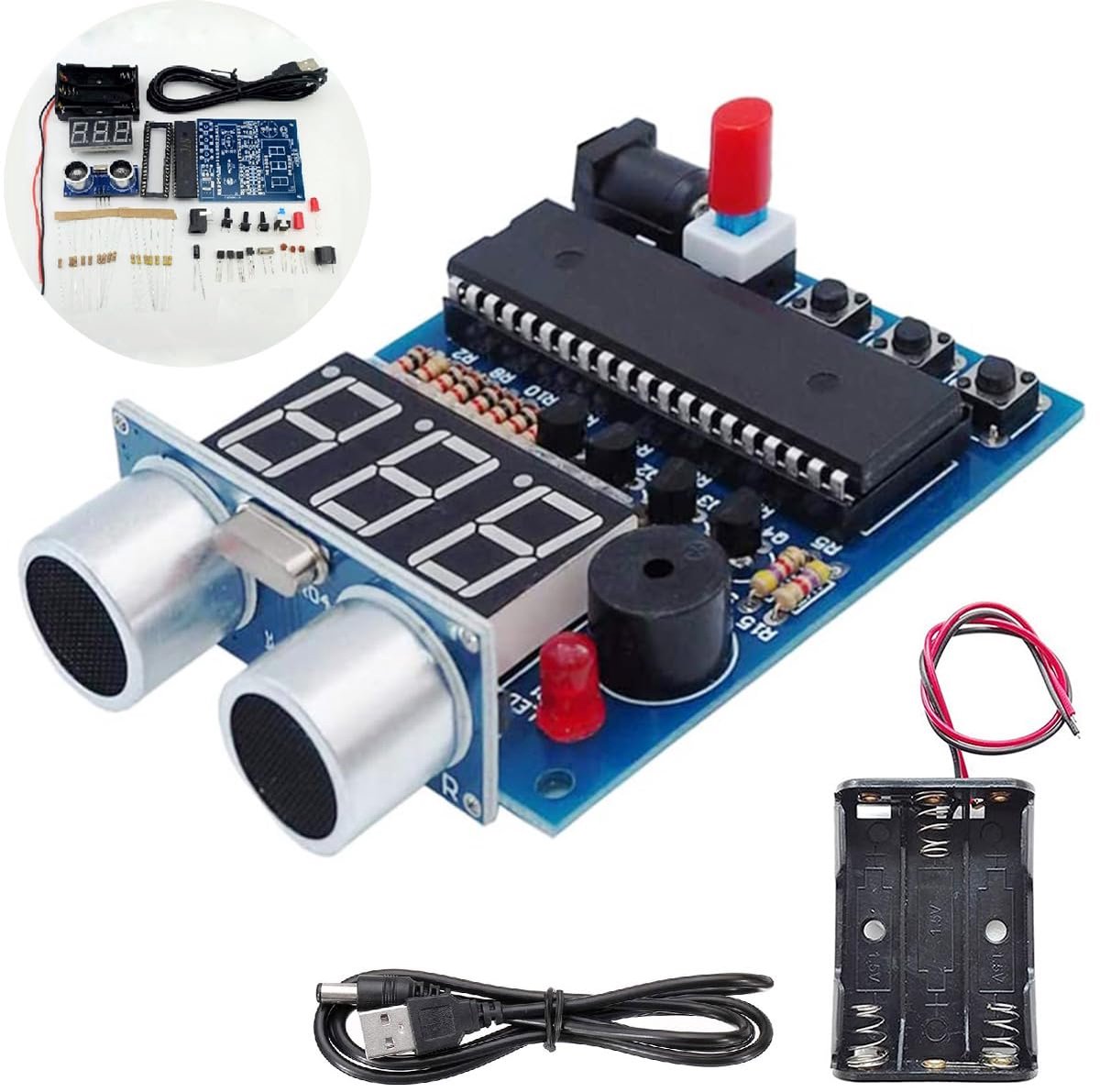 Ultrasone afstandssensorkit, solderen van elektronica met USB-naar-DC-stekkerkabel, batterijbox, ultrasone sensormodule voor doe-het-zelf solderoefeningen