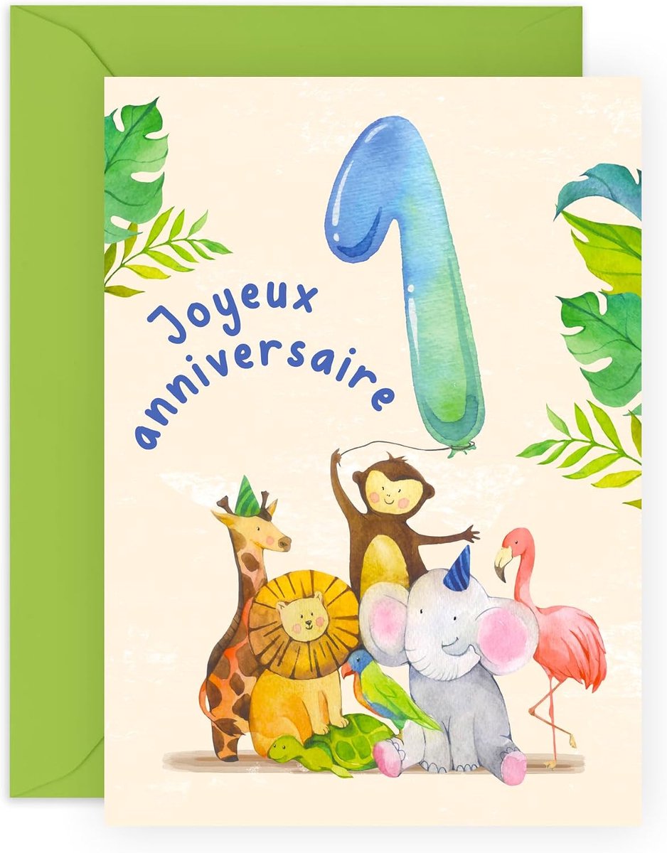 23 Carte anniversaire 1 an garcon - 'JOYEUX ANNIVERSAIRE' - Cartes d'anniversaire pour enfant garcon fille - Animaux de la jungle - 1e verjaardag - Livrées met autocollants - par