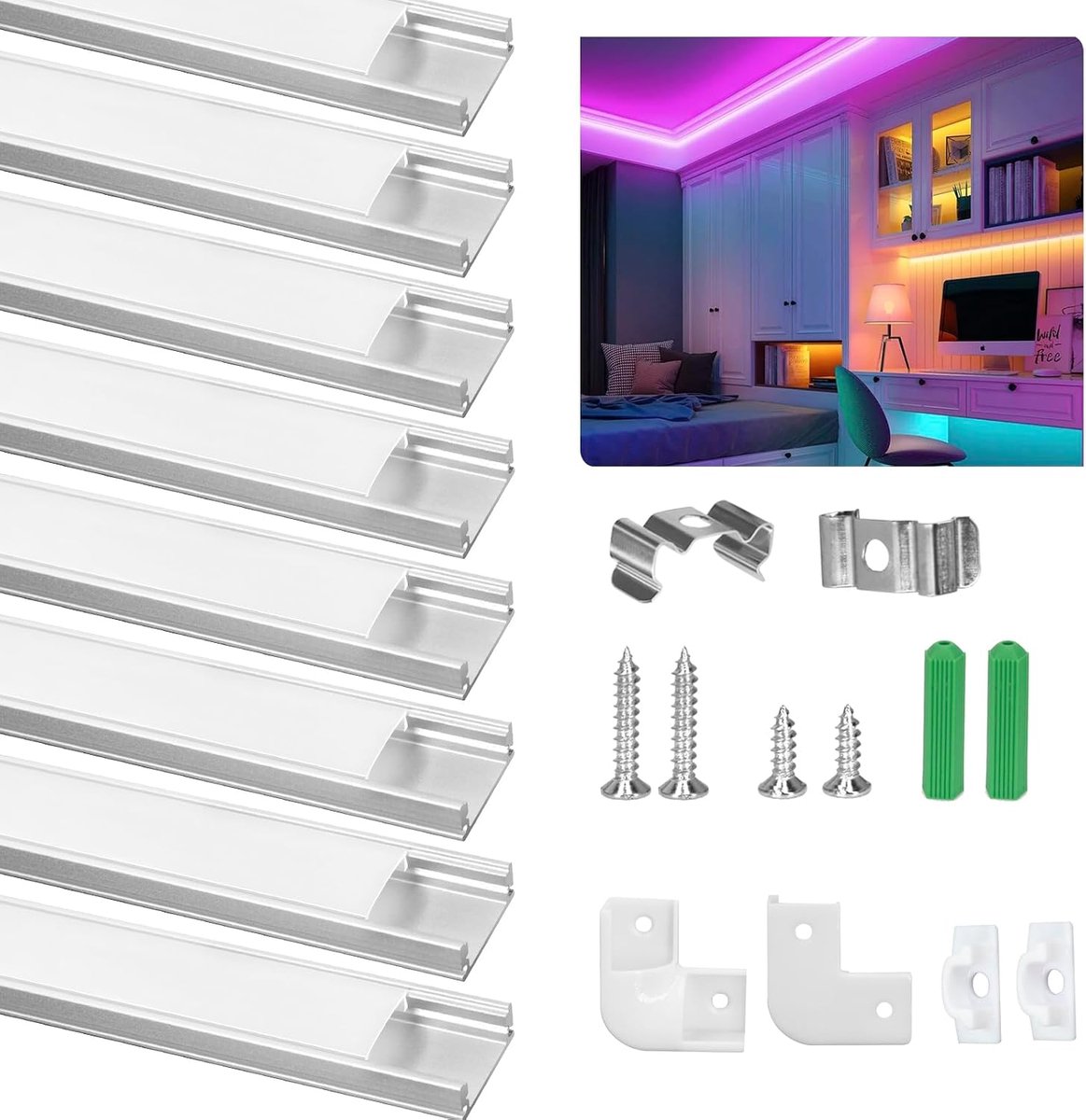 Aluminium Profiel 8 x 1m, U-Vorm LED Kanalen voor Strips met Diffuser voor Perfect Licht, Inclusief Hoekverbinder, Eindkappen, Schroeven en Montageclips