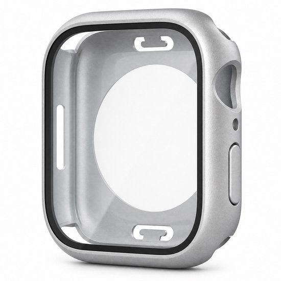 Lege zilverkleurige beschermhoes voor smartwatch met zwarte binnenrand.