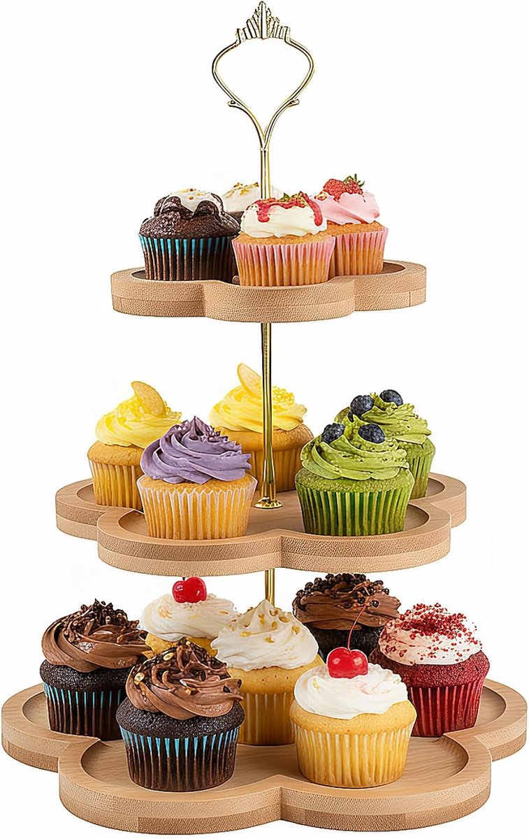 Taartstandaard/Cupcakestandaard van hout, taartstandaardhouder toren serveerstandaard met metalen handvat voor verjaardag, afternoon tea party, bruiloft, 3 niveaus