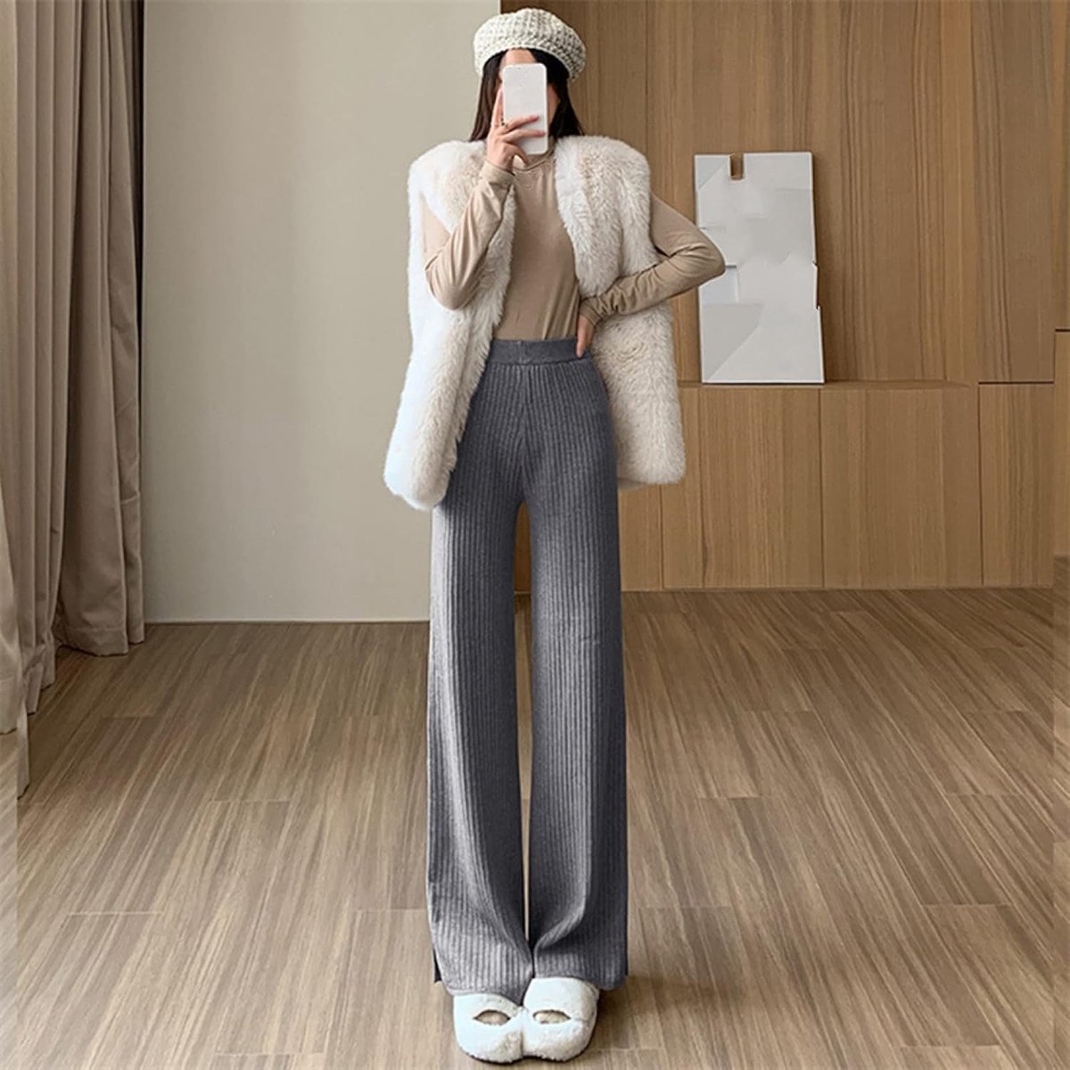 Wijde Pijpen Broek - Winter Dames Warme Rechte Broek Verdikt Modieus Gebreid Zijsplit Grijs Hoge Taille Losse Dweilbroek Retro Casual Dames Kerstmis Nieuwjaar Geschenk,Grijs,Een Maat