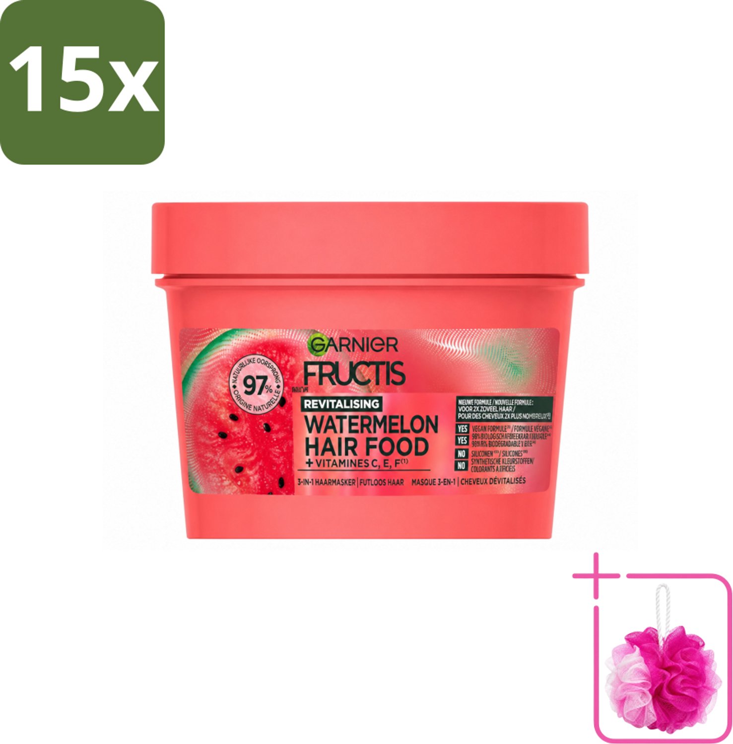 15 x Garnier - Fructis Hair Food Watermelon - 3-in-1 Haarmasker - Futloos Haar - 400 ml - Bulkverpakking - Haarmasker - Douchemop - Watermeloen