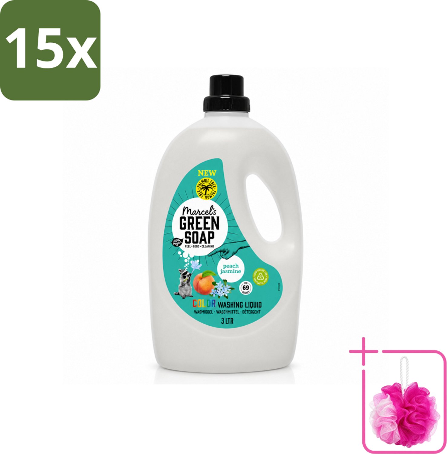 15 x Marcel's Green Soap - Vloeibaar Wasmiddel - Kleurwas - Perzik & Jasmijn - Natuurlijk & effectief - 69 wasbeurten - 3 liter - Bulkverpakking - Vloeibaar wasmiddel - Douchemop - Gekleurd was