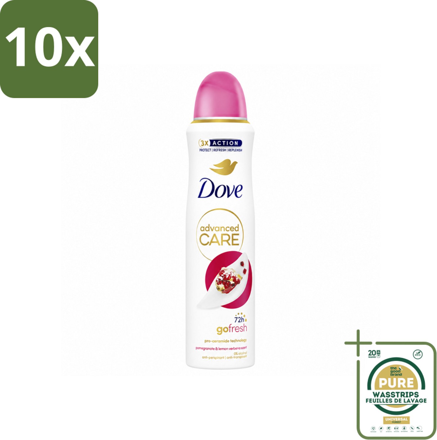 10 x Dove Deodorant Spray - Granaatappel & Citroenverbena - 150 ml - Wasstrips - Deodorant Spray - Anti-Transpirant - Geur - Zweetbehandeling - Okselhuid Verzorging