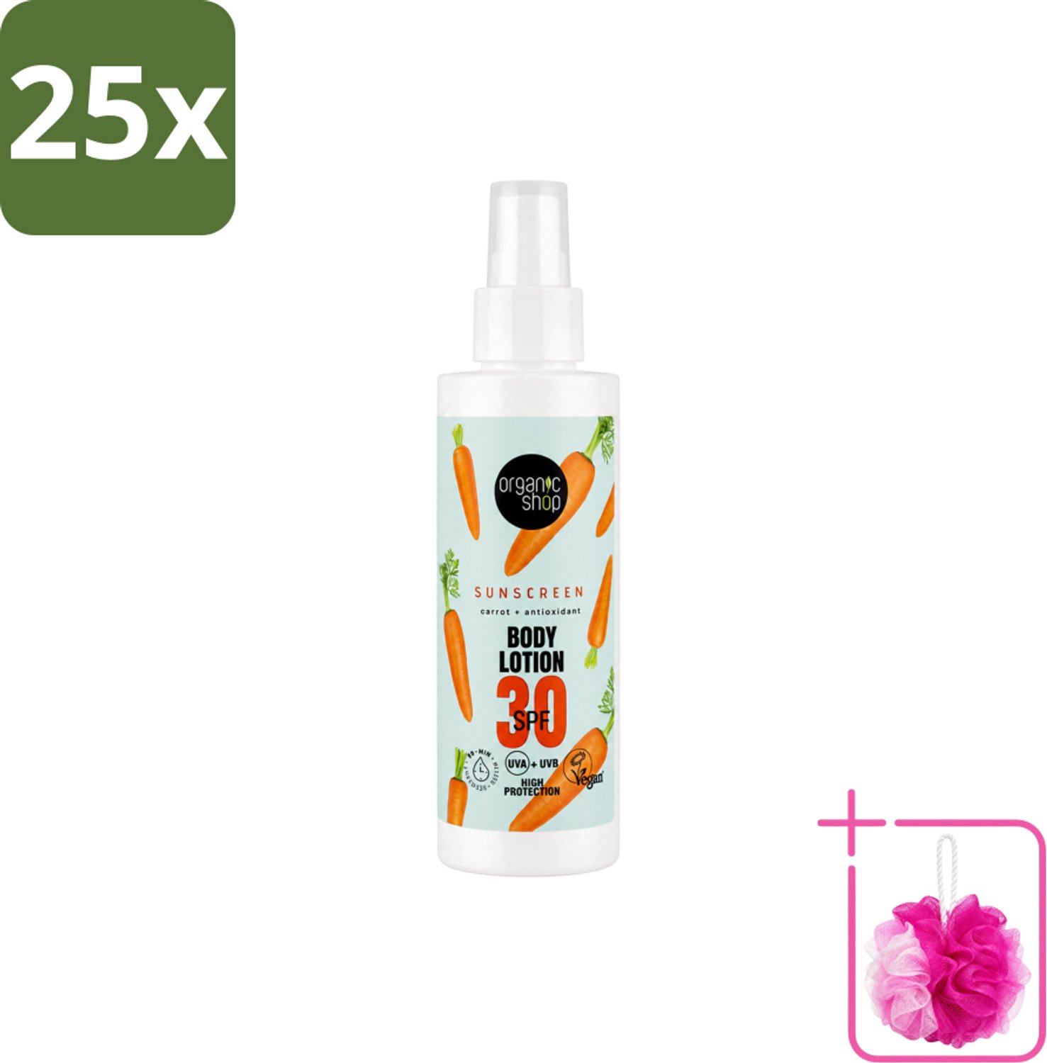 25 x Organic Shop - Zonnebrandcrème SPF 30 - Bescherming tegen de Zon - 150 ml - Bulkverpakking - Zonbescherming - Douchemop - Zonnebrandcrème