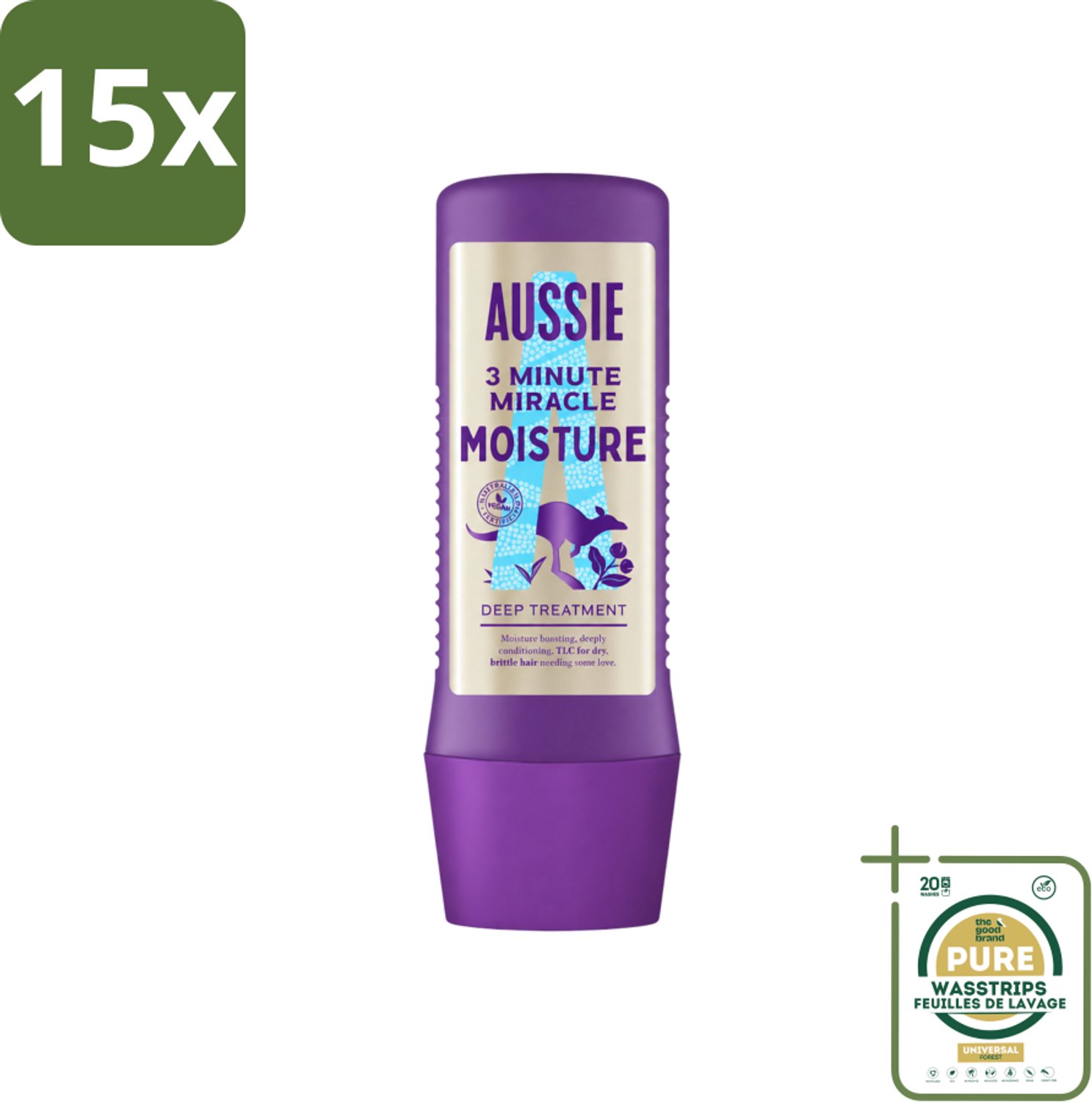 15 x Aussie - Haarmasker - 3 Minute Miracle Moisture - Intensief - Vegan Verzorging - 225 ml - Wasstrips - Haarmasker - Hydratatie - Droog Haar - Vegan Haarmasker - Australische Macadamiaolie