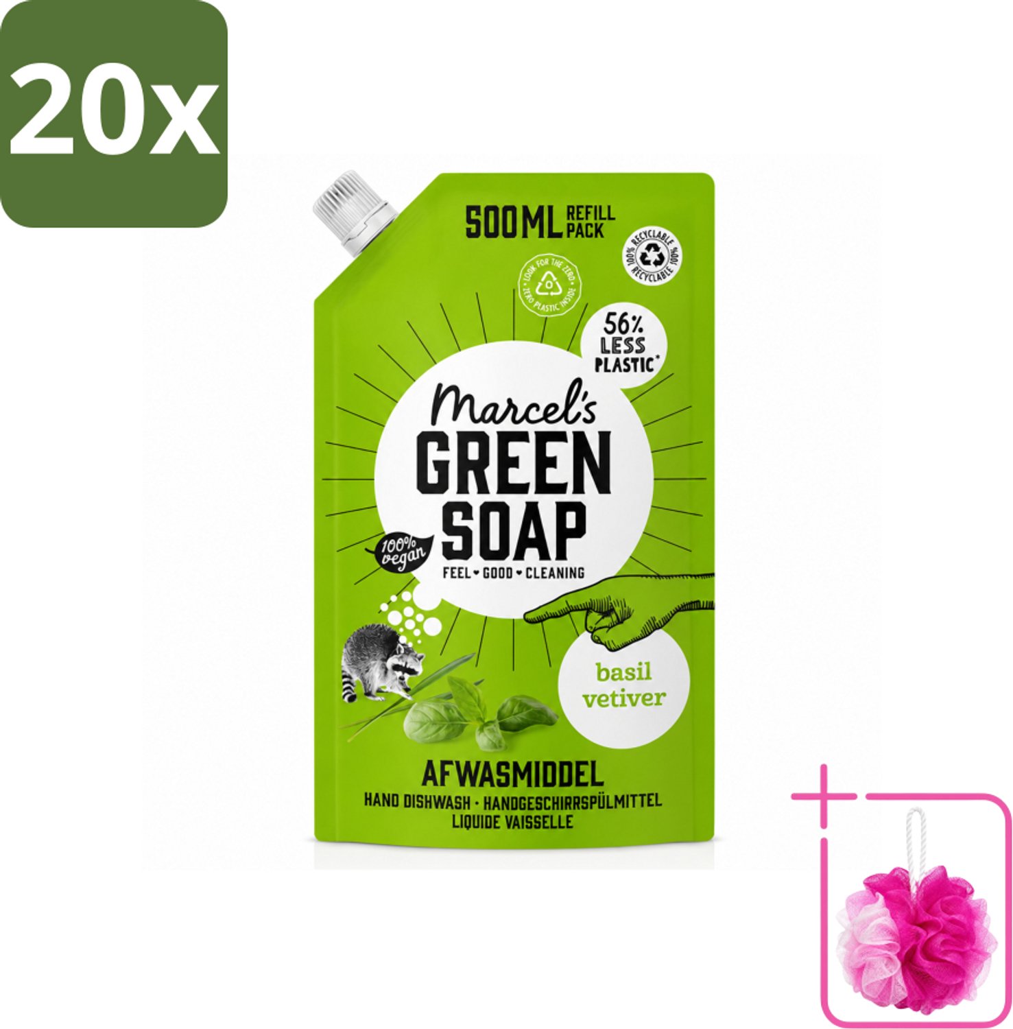 20 x Marcel's Green Soap - Navulling - Afwasmiddel - Basilicum & Vetiver Gras - Plantaardig & duurzaam - 500 ml - Bulkverpakking - Afwasmiddel - Douchemop - Navulverpakking