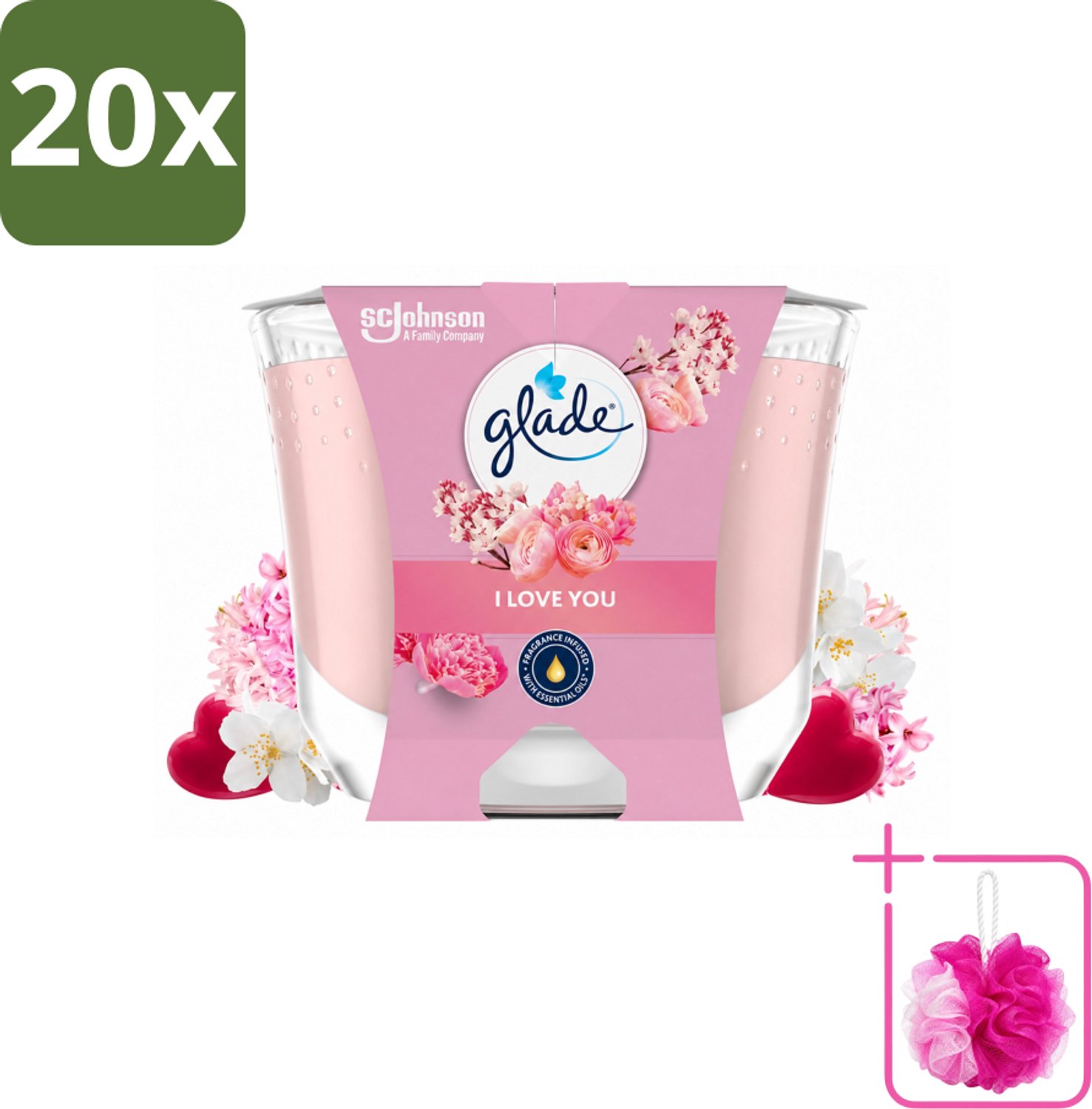 20 x Glade - Geurkaars I Love You - 100% Raapzaadwas - 204 g - Bulkverpakking - Geurkaars - Douchemop - Romantische geur