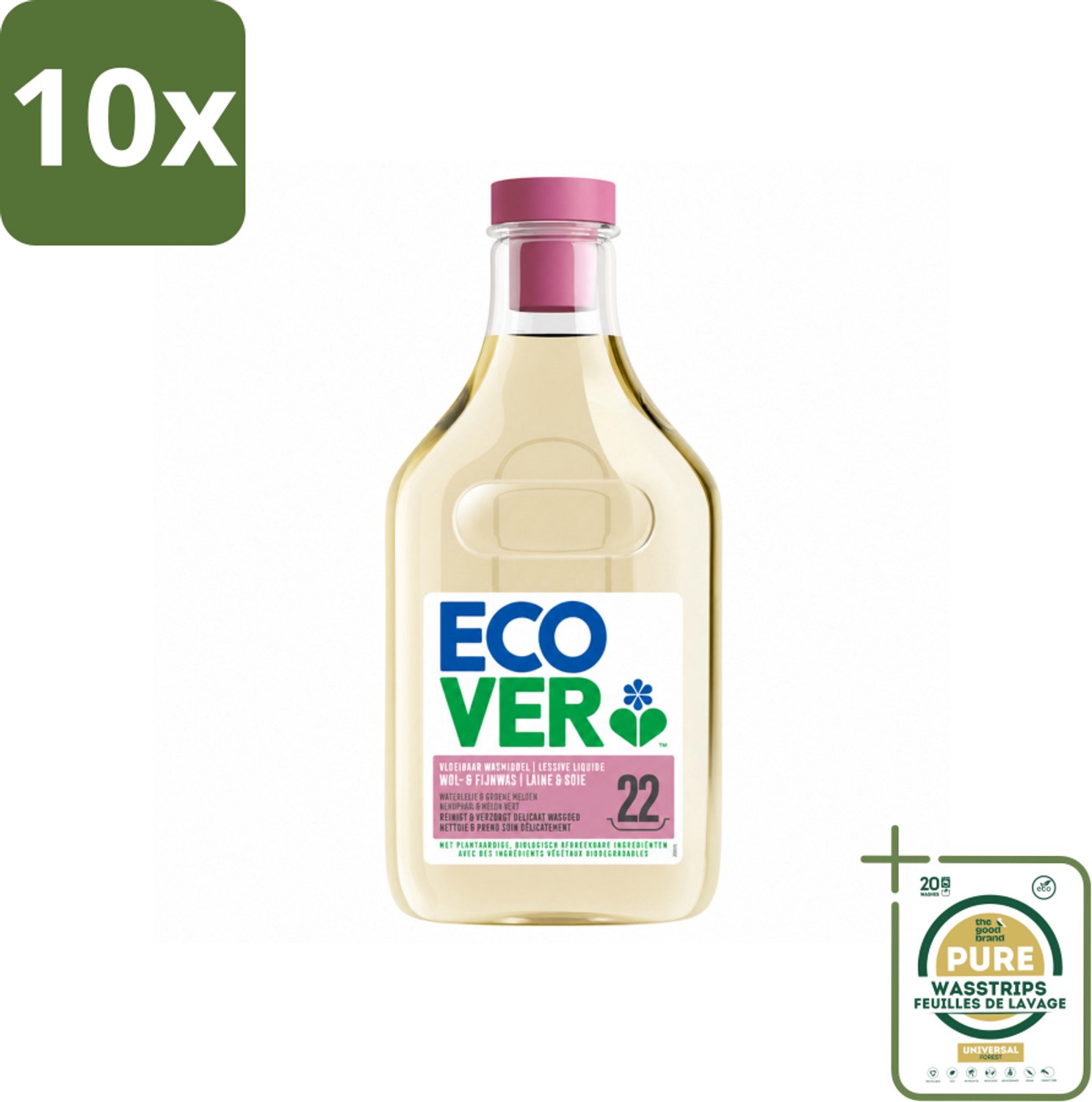 10 x Ecover - Vloeibaar wasmiddel - Wol & Fijnwas - 1 liter - 22 wasbeurten - Wasstrips - Wasmiddel Wol - Fijne Was - Zachte Was - Biologisch Afbreekbaar - Ecover