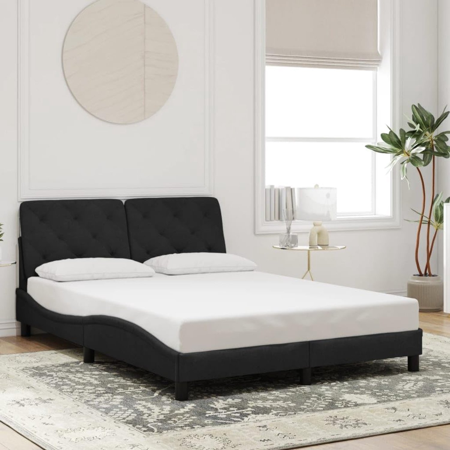 Bedframe met hoofdeinde, 140 x 190 cm, zwart, golvend zijdesign voor moderne slaapkamer, zachte velours stof en ergonomische rugsteun