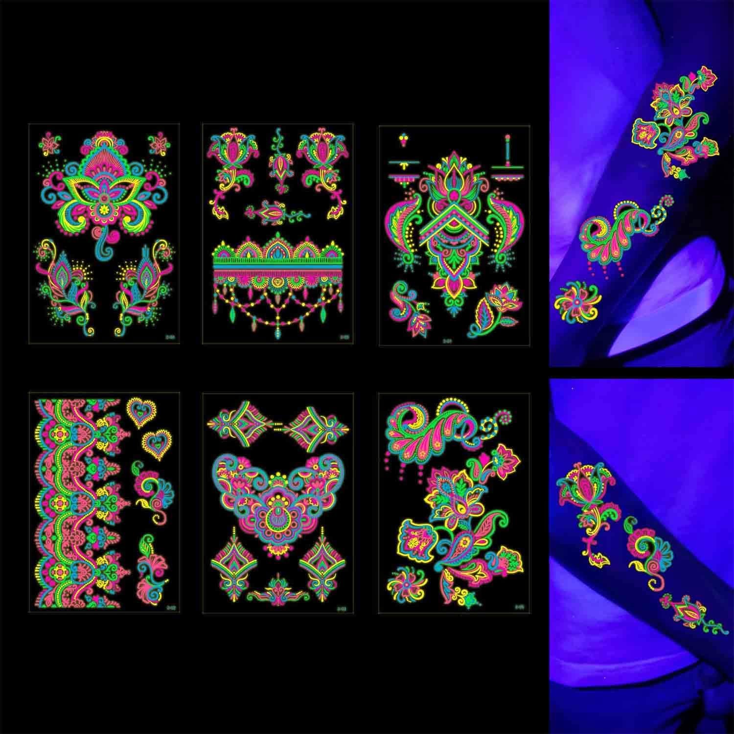 Wegwerp-tatoeages in het donker, 6 vellen, fluorescerende lichaamskunst voor uv-blacklight-feesten, waterdichte gezichts- en lichaamsstickers (Henna)
