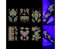 Wegwerp-tatoeages in het donker, 6 vellen, fluorescerende lichaamskunst voor uv-blacklight-feesten, waterdichte gezichts- en lichaamsstickers (Henna)