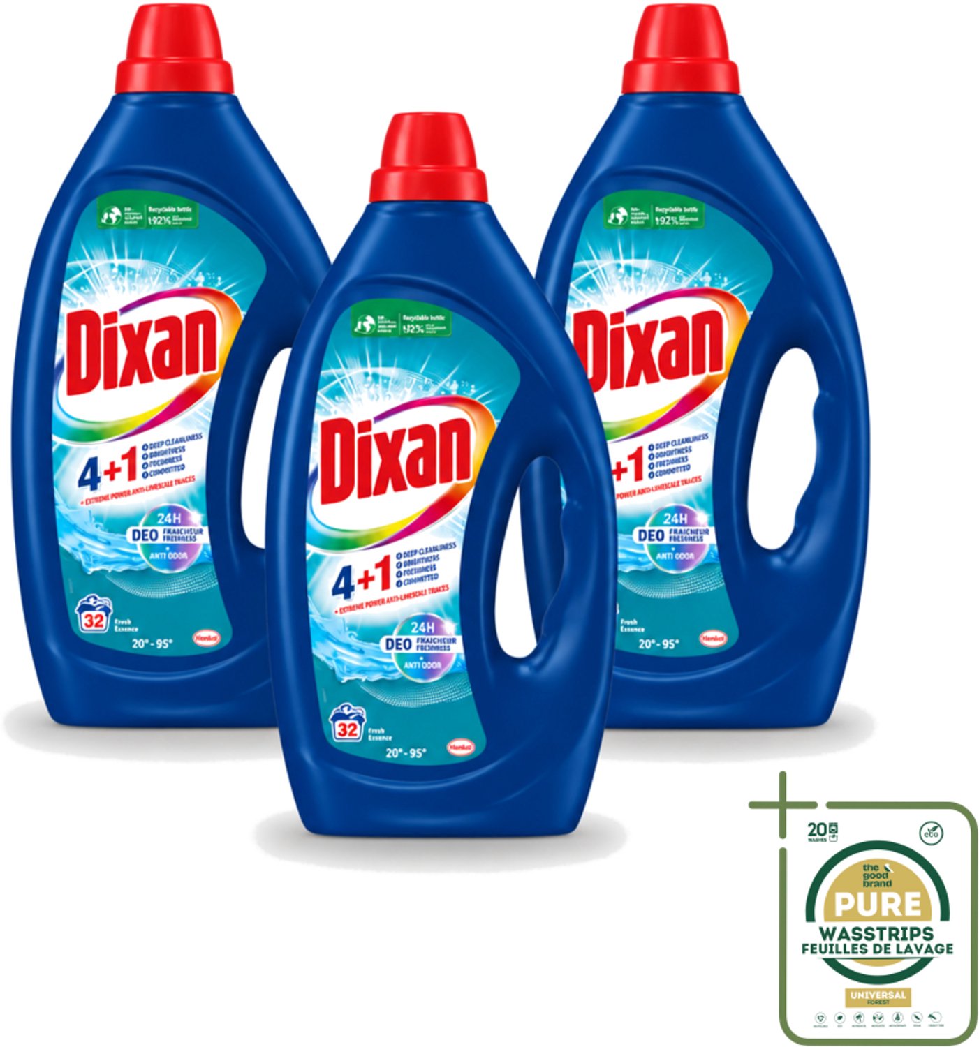 3 x Dixan - Vloeibaar wasmiddel - Fresh Blue - 32 wasbeurten - Wasstrips - Wasmiddel - Frisheid - Vlekverwijdering - Anti-geur - Wasbeurt