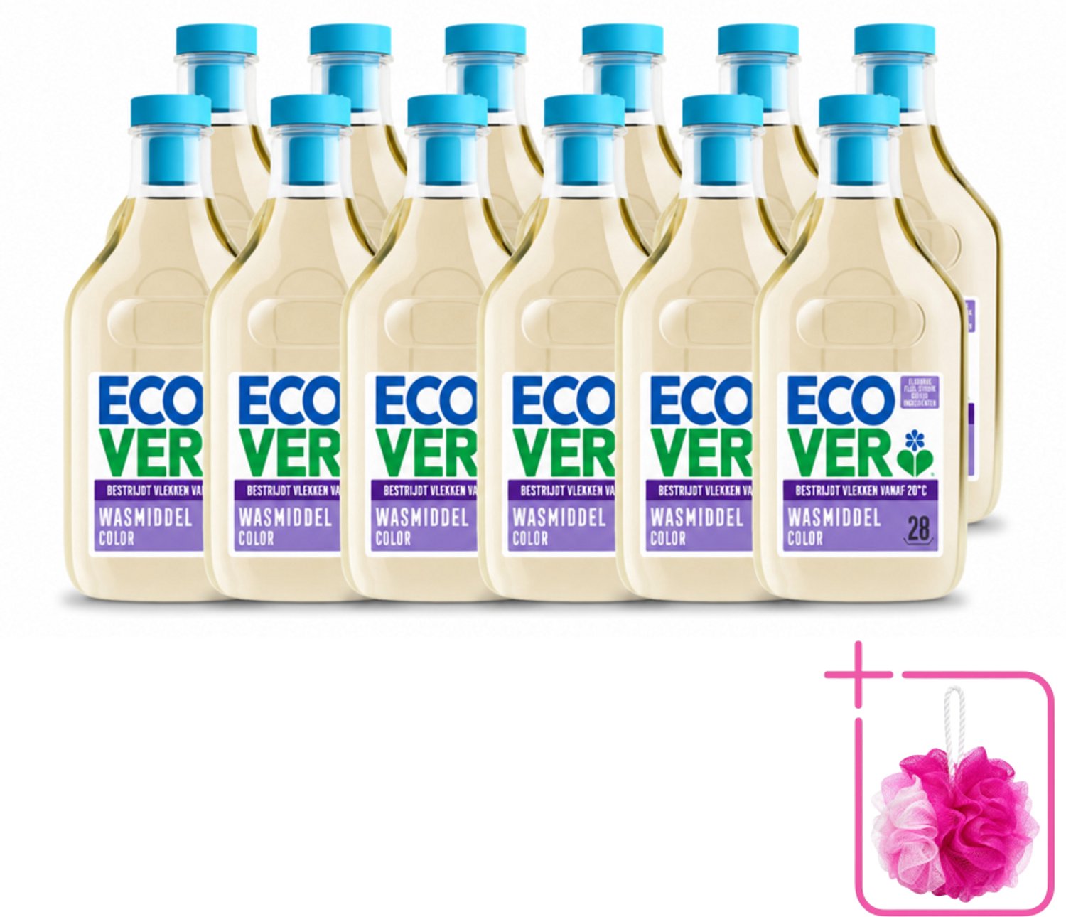 12 x Ecover - Vloeibaar wasmiddel - Color - Appelbloesem & Freesia - 1 liter - 28 wasbeurten - Bulkverpakking - Wasmiddel kleur - Douchemop - Natuurlijk wasmiddel