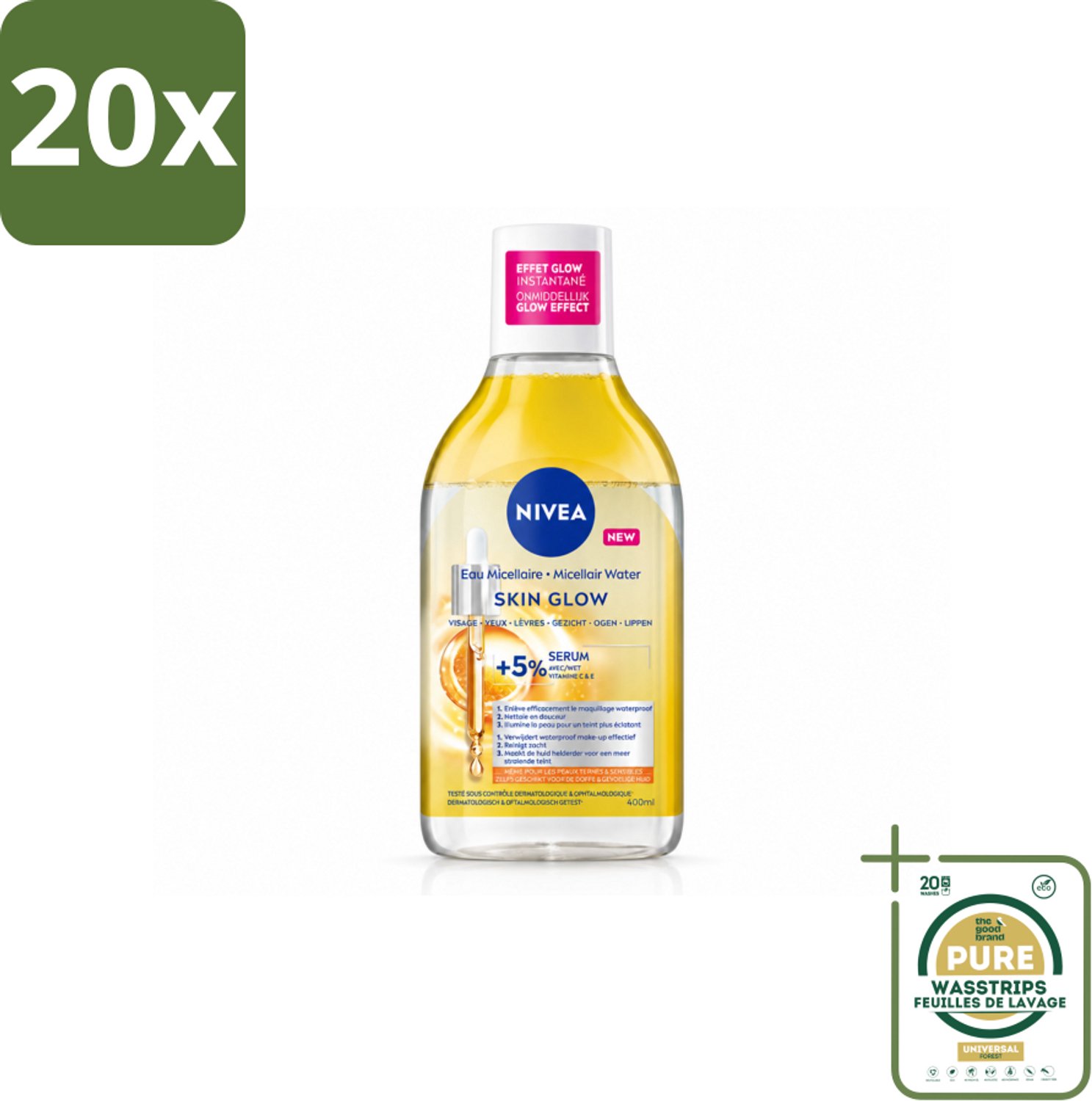 20 x NIVEA - Micellair Water - Serum Verrijkt Stralend - Verwijdert Waterbestendige Make-up - 400 ml - Wasstrips - Gevoelige Huid - Micellair Water - Stralende Huid - Reinigingsgel - Hydraterend