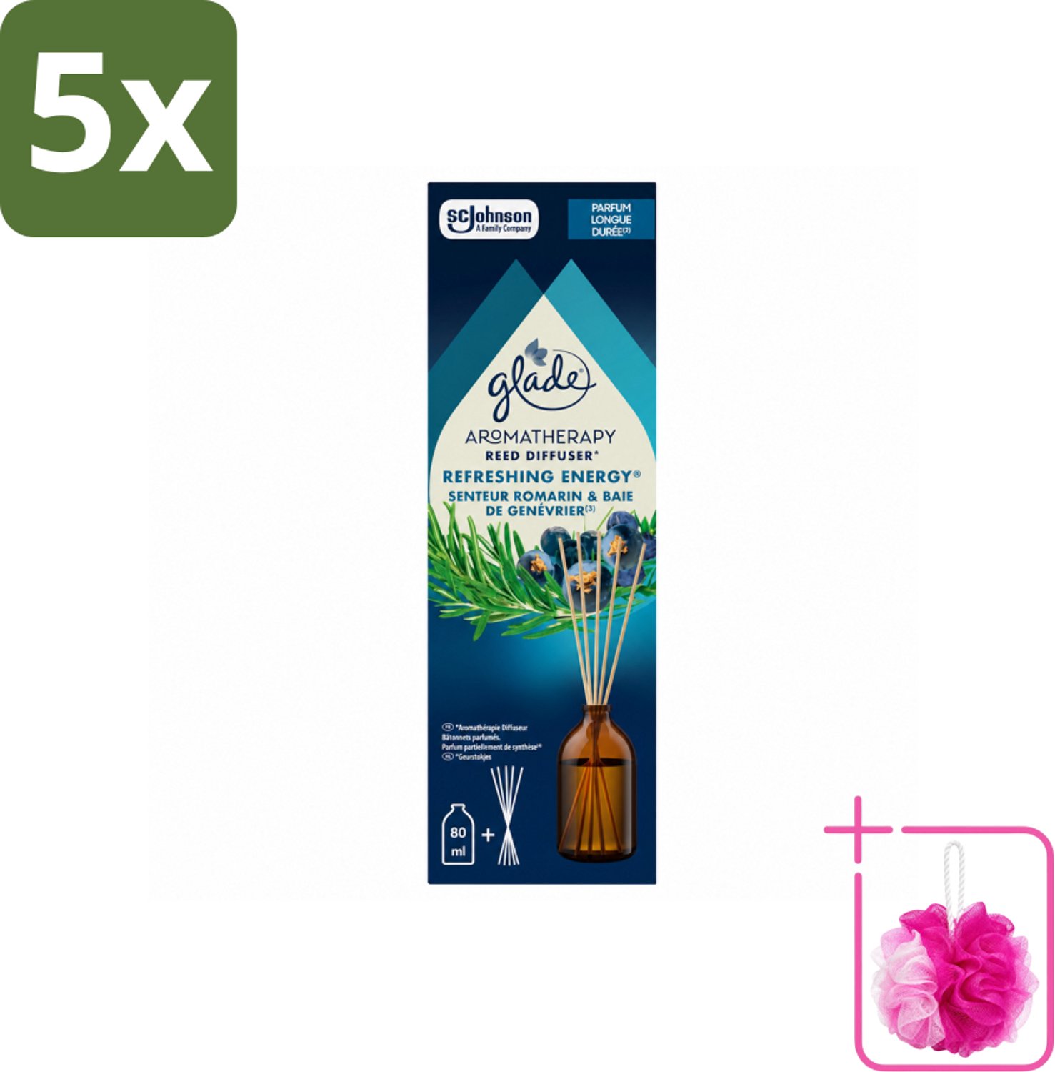 5 x Glade - Geurstokjes Verfrissende Energie - Aromatherapie Geurverspreiding - 80 ml - Bulkverpakking - Geurstokjes - Douchemop - Energie