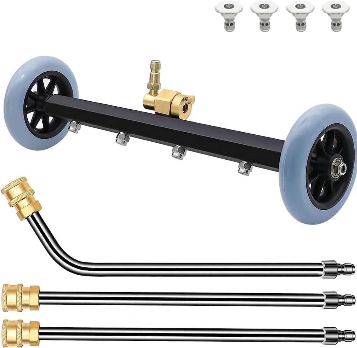 16 inch hogedrukreiniger ondervloerreiniger, wasbezem met 2 verlengstangen en 1 60° hoekstaaf, 4 standaard sproeiers en 4 uitbreidingssproeiers, tot 4000 PSI