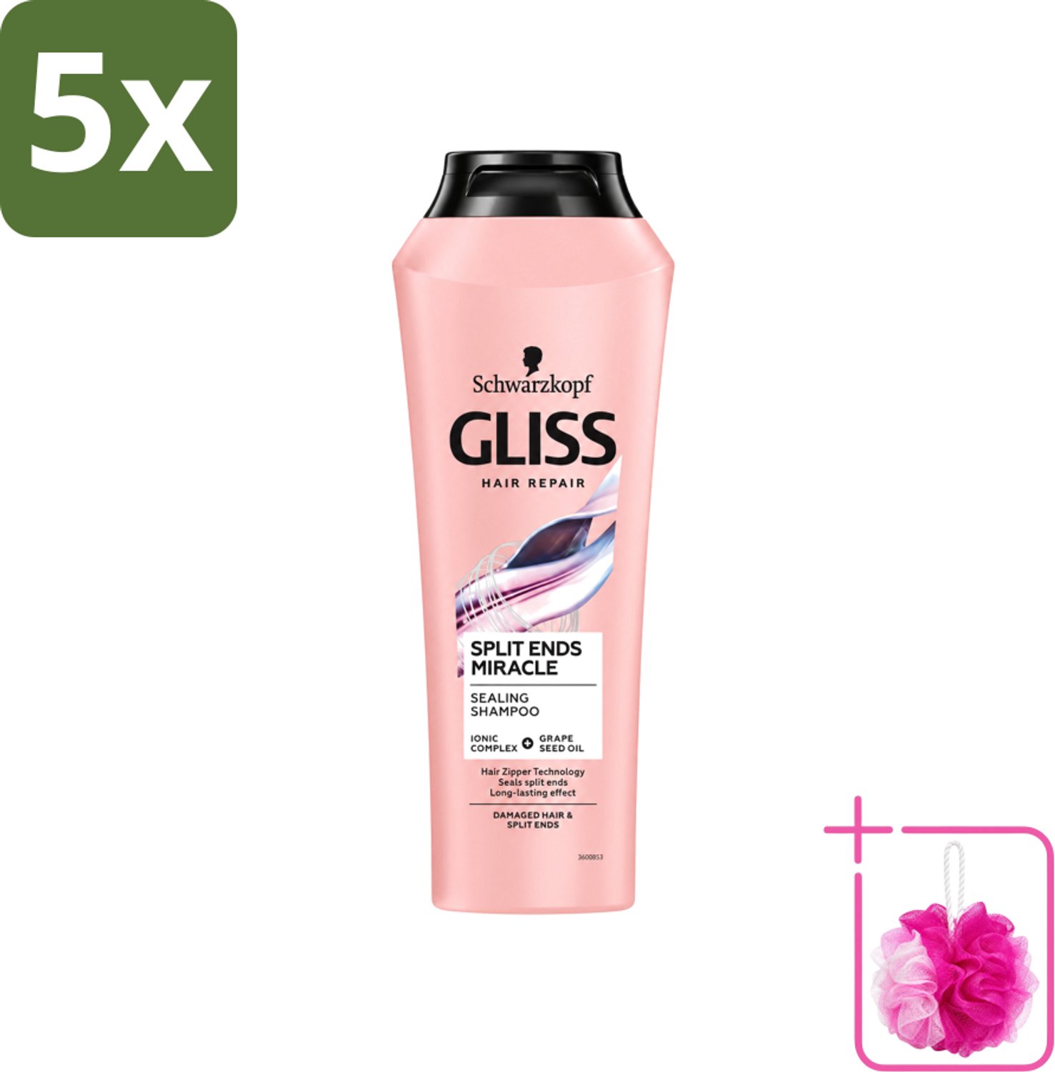 5 x Gliss - Shampoo - Split Hair Miracle - Voor Beschadigd Haar - 250 ml - Bulkverpakking - Gespleten haarpunten - Douchemop - Haarherstel