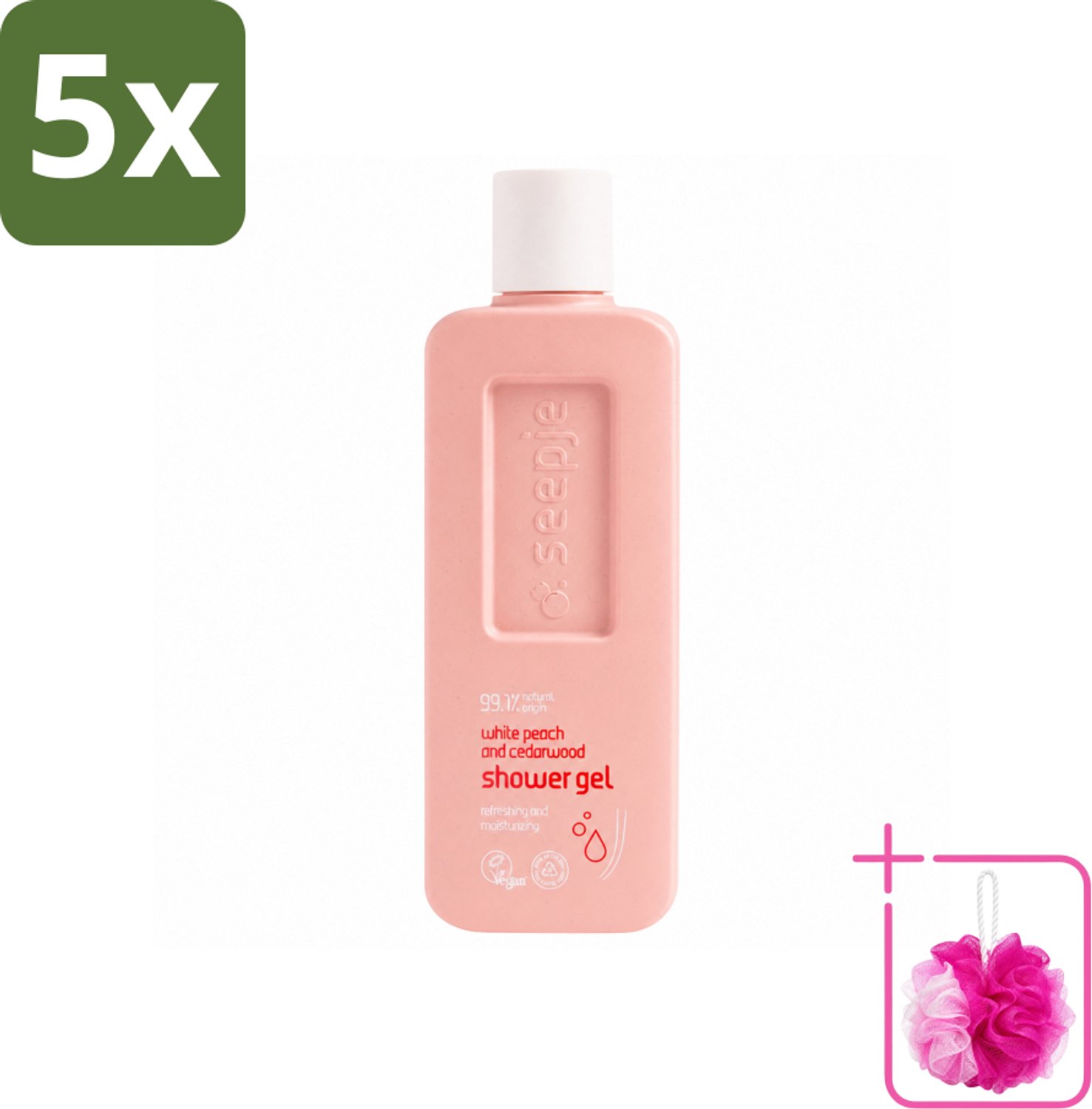 5 x Seepje - Douchegel - Natuurlijke Geur - Witte Perzik en Cederhout - 300 ml - Bulkverpakking - Douchegel - Douchemop - Natuurlijke douchegel