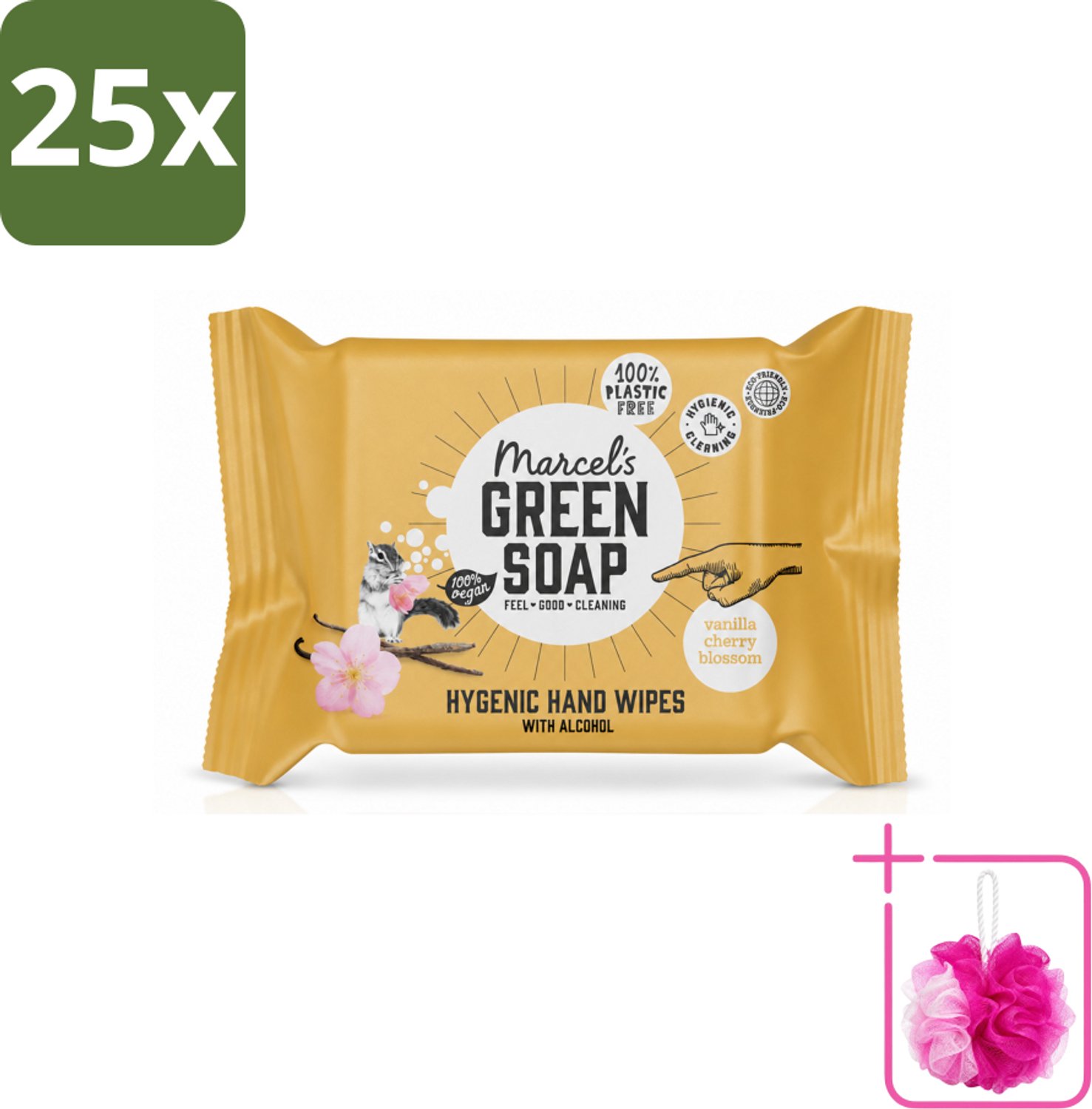 25 x Marcel's Green Soap - Hand doekjes - Vanille & Cherry Blossom - Mild & handig - 15 Doekjes - Bulkverpakking - Handdoekjes - Douchemop - Handdoek