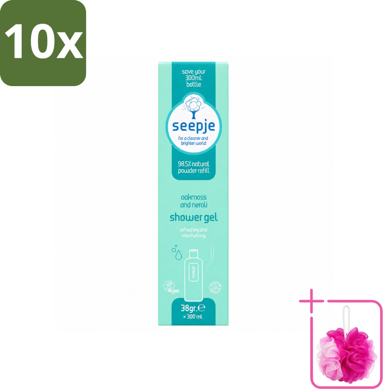 10 x Seepje - Douchegel - Duurzaam & Handig - Eikenmos en Neroli - Navulling - 38 gr - Bulkverpakking - Douchegel navulling - Douchemop - Eikenmos