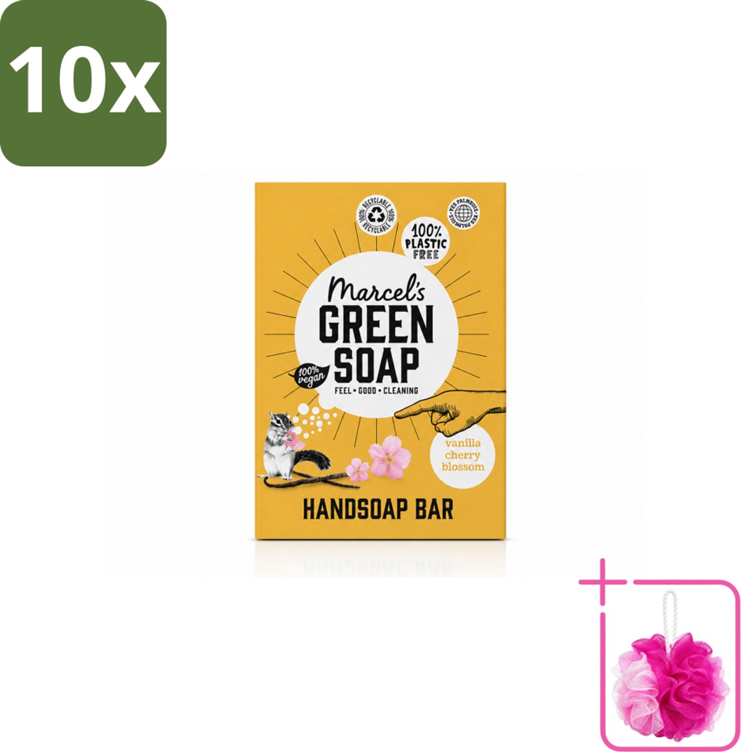 10 x Marcel's Green Soap - Handzeep Bar - Vanille & Cherry Blossom - Krachtige werking - 90 gr - Bulkverpakking - Handzeep bar - Douchemop - Plasticvrije handzeep