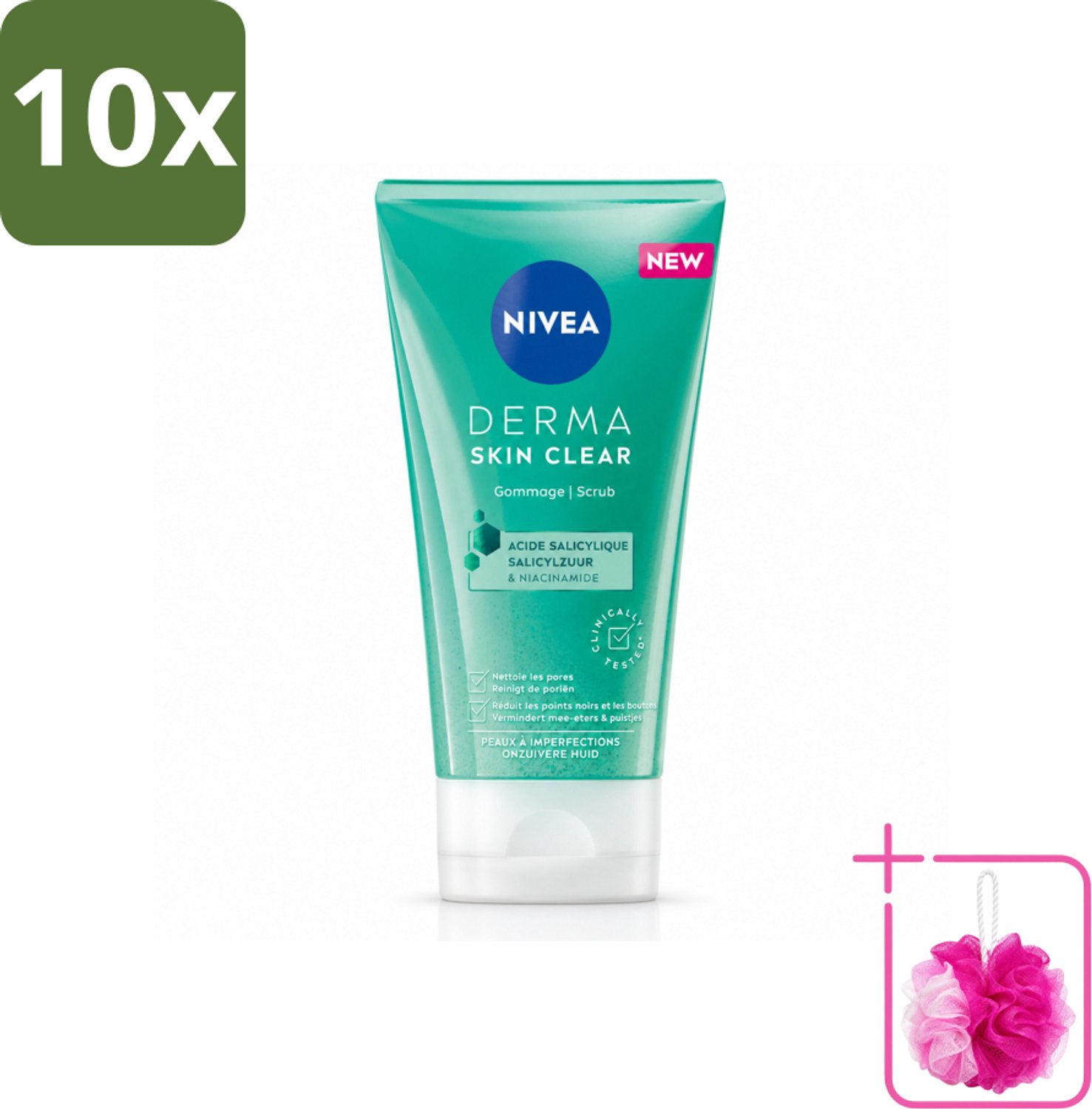 10 x NIVEA - Gezichtsscrub - DERMA Huidzuiver - Voor onzuivere huid - Met Salicylzuur (AHA) & Niacinamide - Tegen Acne & Mee-eters - 150 ml - Bulkverpakking - Gezichtsverzorging - Douchemop - Puistjes
