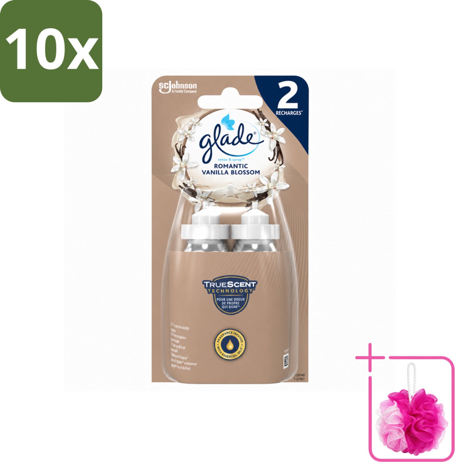 10 x Glade - Sense & Spray - Romantic Vanillebloesem - 2 × 18 ml - Bulkverpakking - Romantische geur - Douchemop - Geurverspreiding