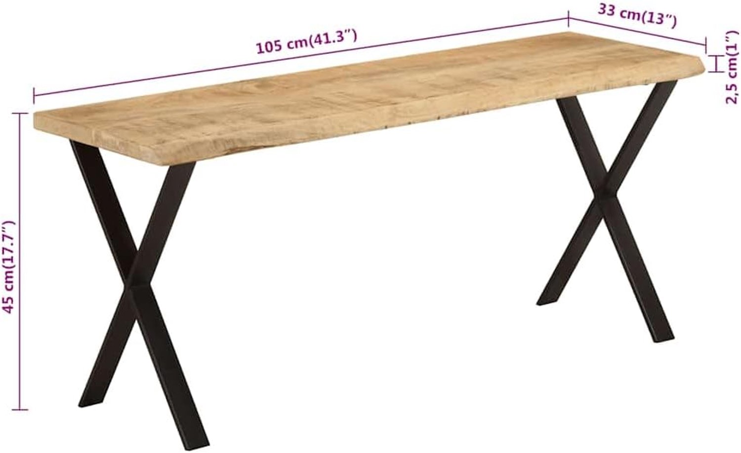 Houten bank boomrand 105 cm met X-frame voor eetkamerbank en woonkamerbank van robuust mangohout