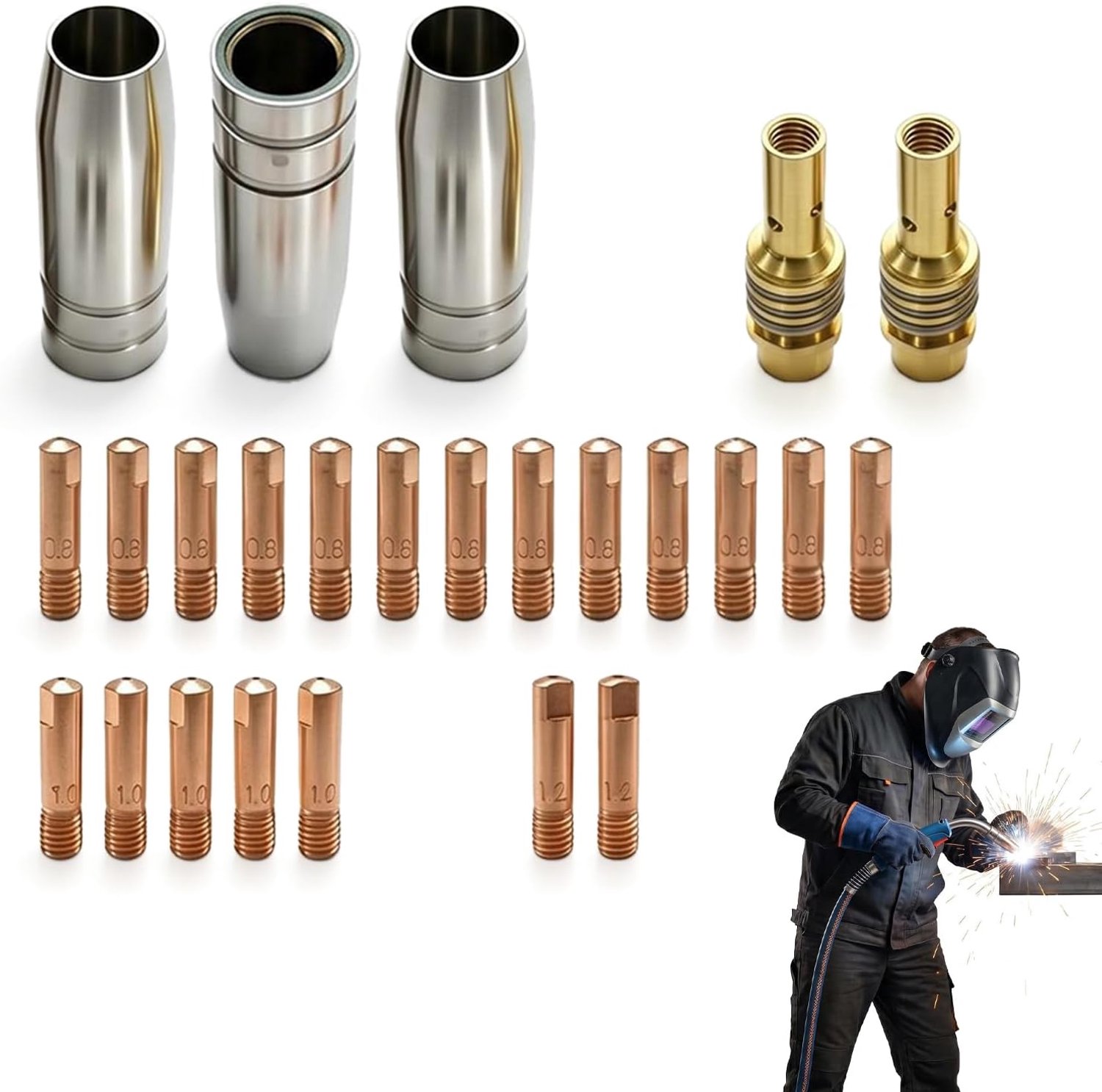 25 stuks verbruiksaccessoires voor MIG MAG MB15AK, compatibel met soldeerpistool 15AK, 2 gassproeiers, 20 contactpunten 0,6 mm, 0,8 mm, 0,9 mm, 1,0 mm, 1,2 mm, 2 punthouders