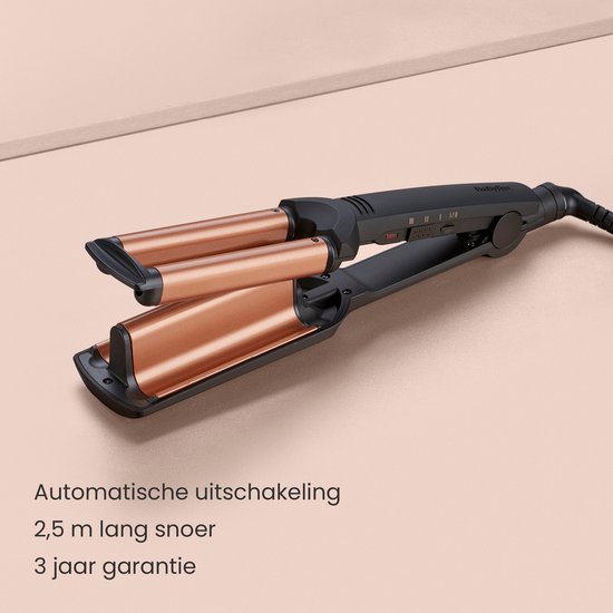 Zwarte krultang met koperkleurige platen, 2,5 meter snoer, automatische uitschakeling en 3 jaar garantie.