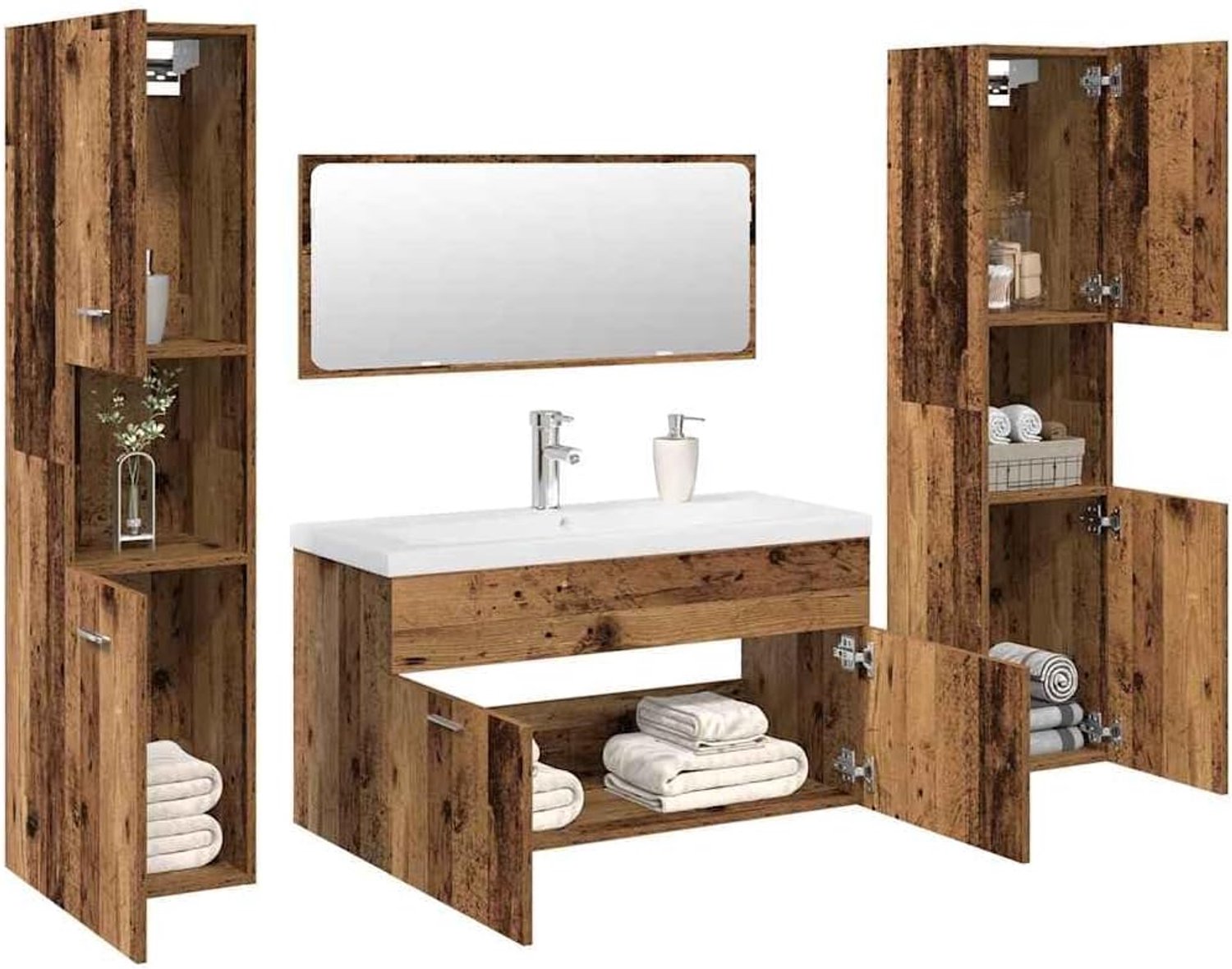 5-delige badkamermeubelset oud houtlook houtmateriaal met wastafel