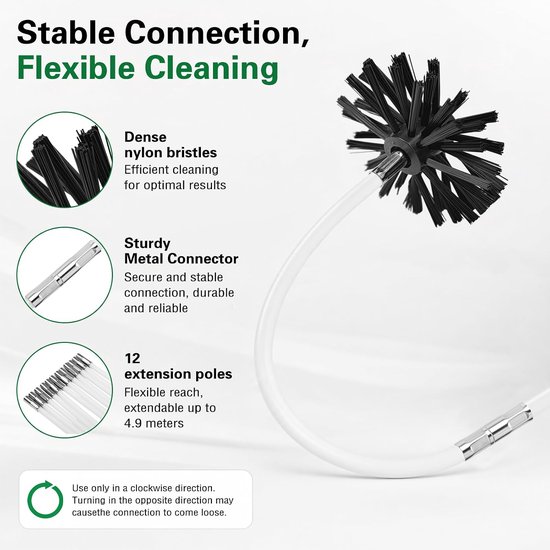 Schoorsteenborstelset, 12 staven, 41 cm, schoorsteenborstel met flexibel stangsysteem, schoorsteenreinigingsset met 3 borstelkoppen, adapter en isolatietape voor open haard, kachelpijp en rookafvoer — afbeelding 4