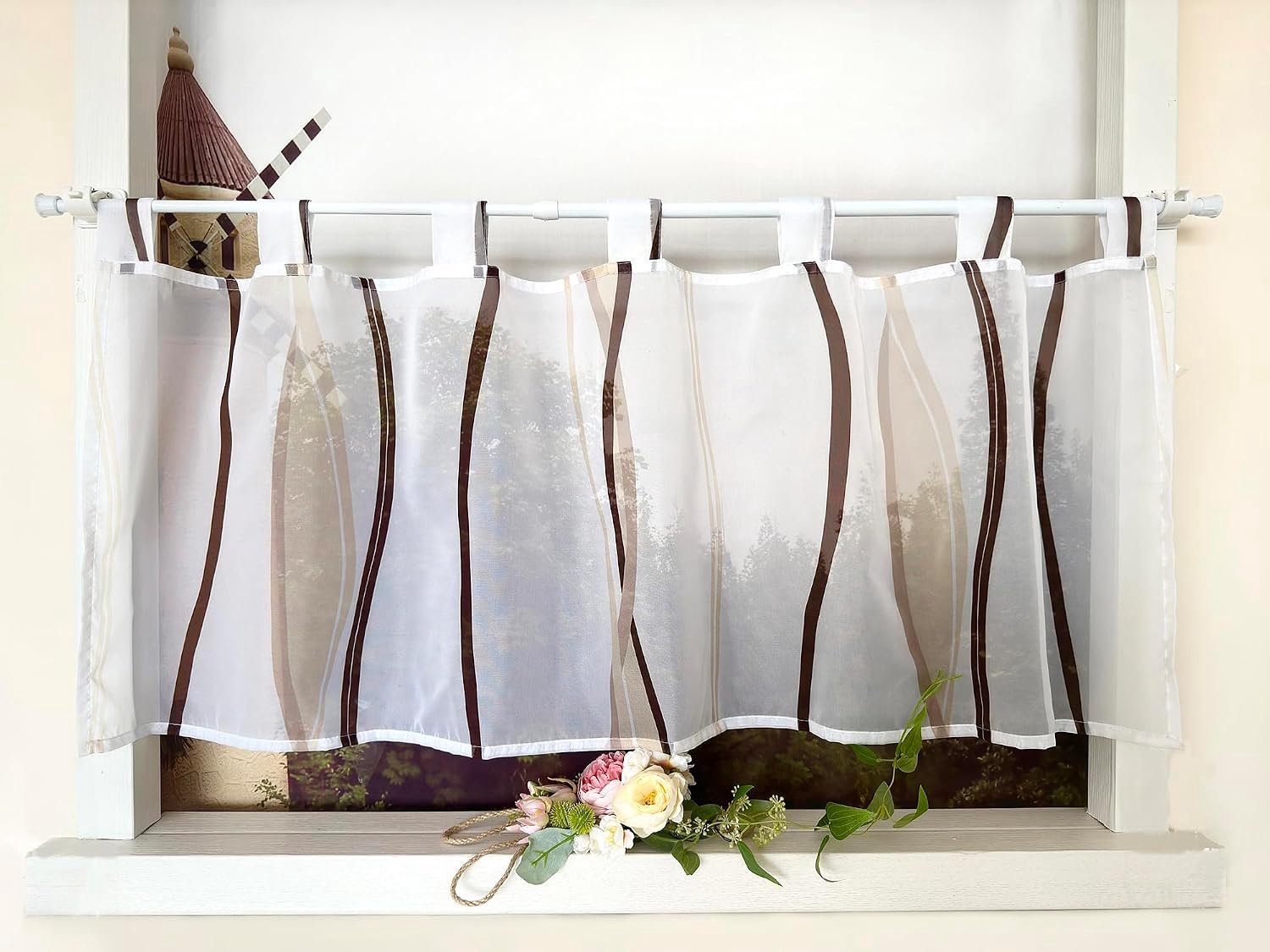 Vitrage met golfpatroon gordijn print korte vitrage met lussen keukengordijn kort modern voile bistrogordijn transparant HxB 30x120cm koffie 1 stuk