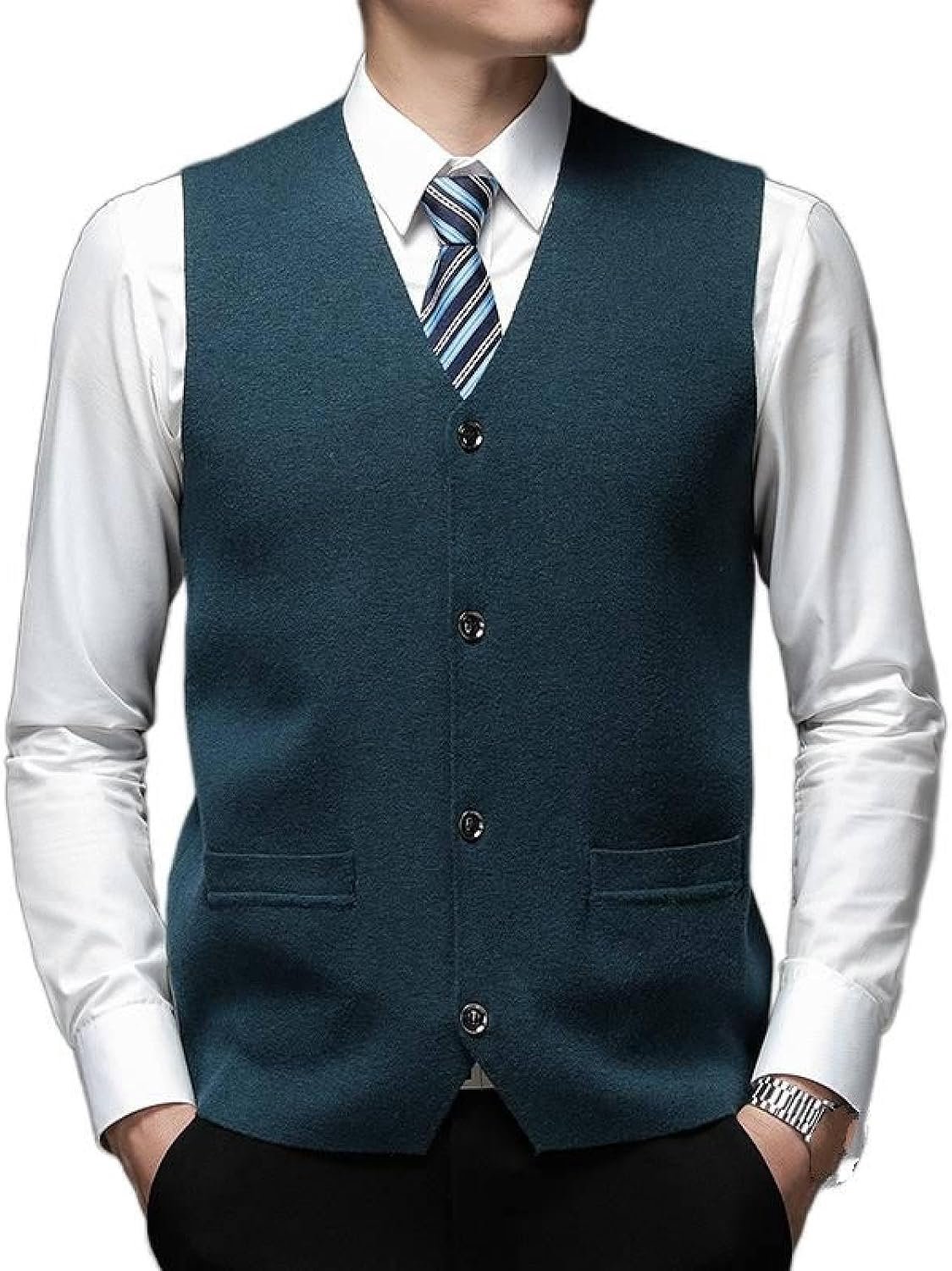 Vest Voor Heren Met V-Hals, Jeugdmode Verdikt Gebreid Vest Bovenkleding Casual Trendy Trui, Klassiek Zakelijk Heren Gebreide Vest Trui Vest Tanktops,Groen,S