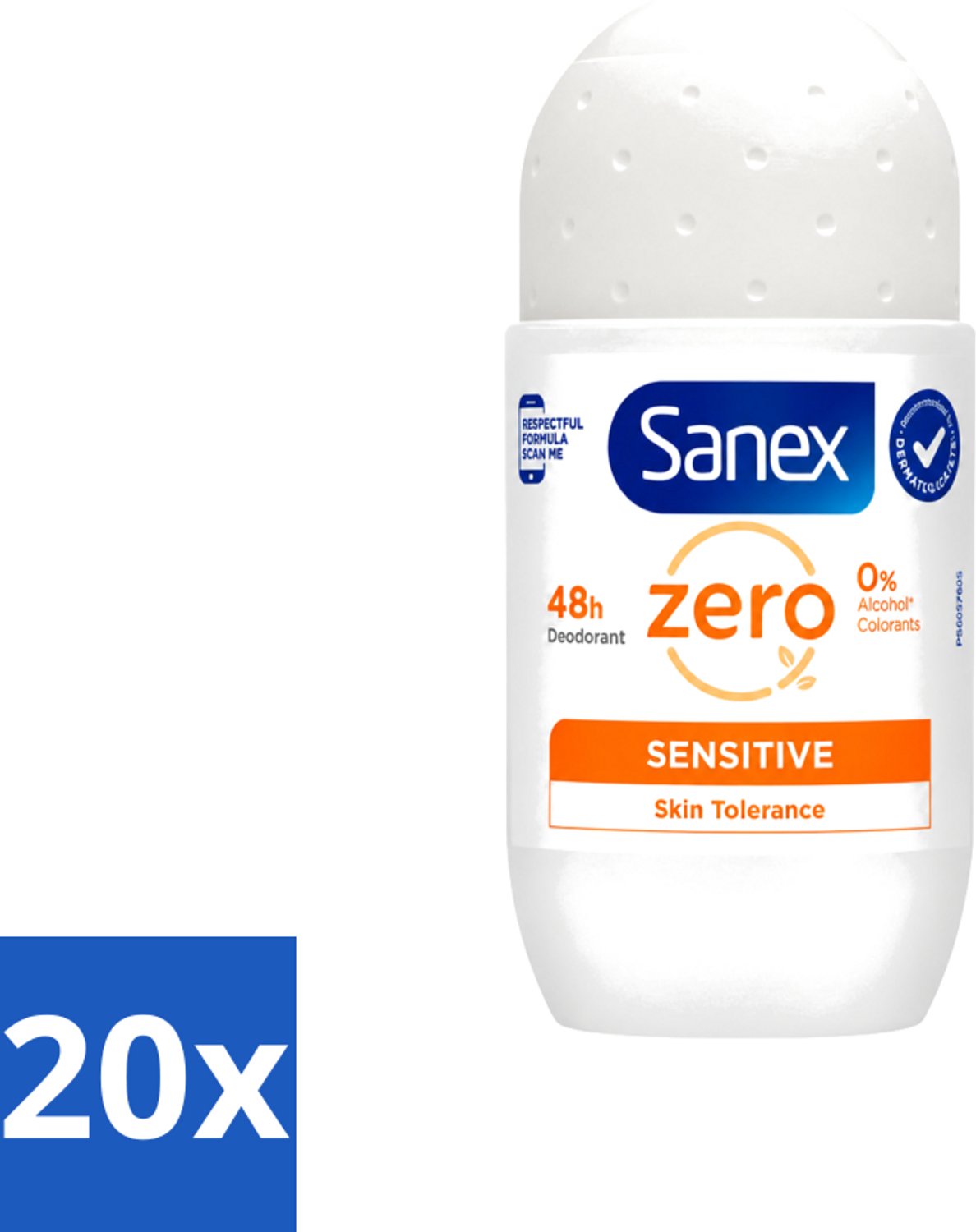 20 x Sanex - Deodorant - Roller - Zero% - Sensitive - Zonder Alcohol & Parabenen - 50 ml - Voordeelverpakking - 20 stuks
