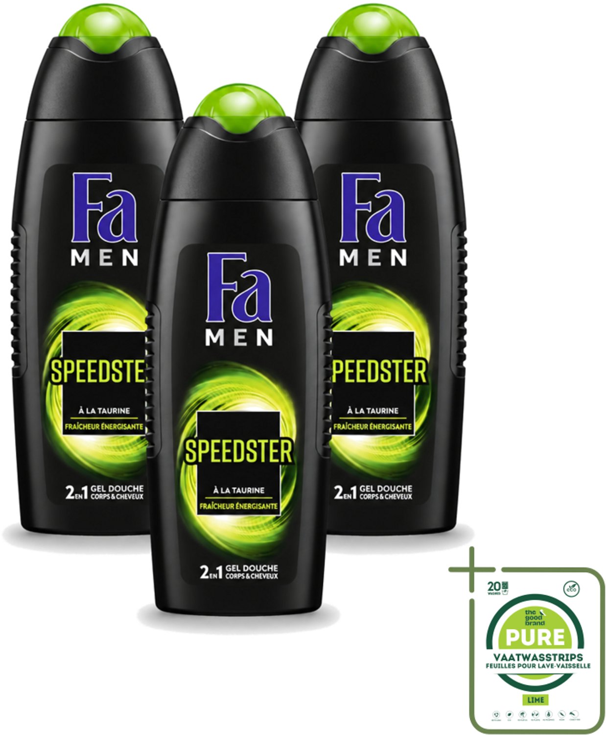 3 x Fa Men - Douchegel - Speedster - Verfrissend & Energiek - Langdurig - 250 ml - Grootverpakking - Vaatwasstrips - Douchegel Mannen - Energie - Verfrissend - Taurine - Langdurig Effect