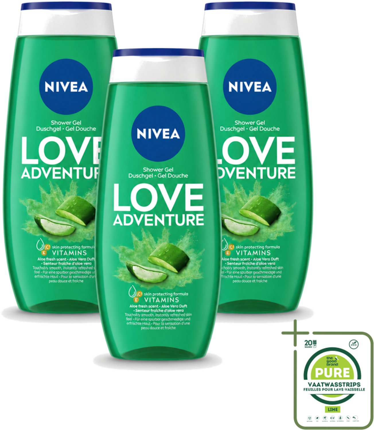3 x Nivea - Love Adventure Douchegel - Huidbeschermend - 250 ml - Grootverpakking - Vaatwasstrips - Douchegel - Verfrissend - Huidbeschermend - Vitamine C - Vitamine E