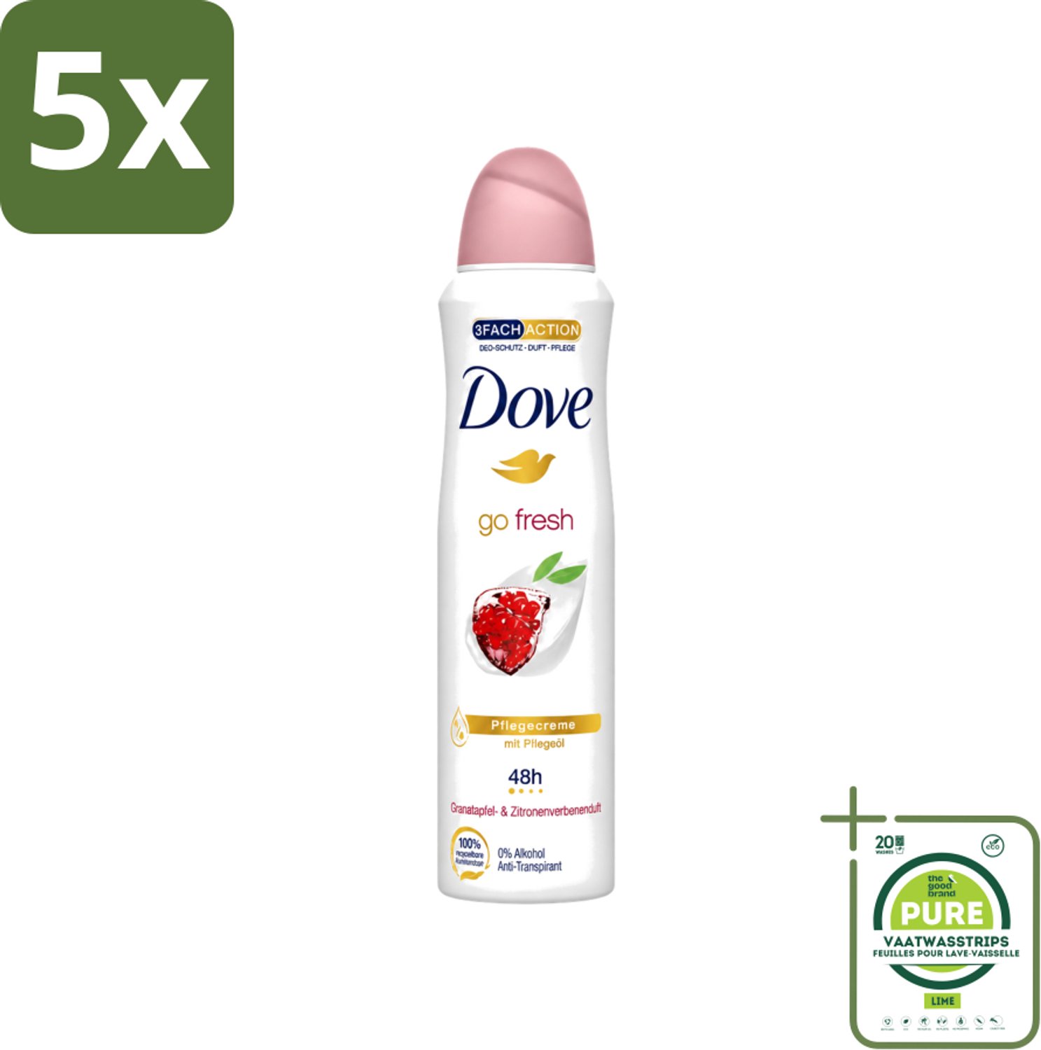 5 x Dove - Deodorant - Go Fresh Granaatappel - Frisse en fruitige geur - 150 ml - Grootverpakking - Vaatwasstrips - Dove Go Fresh - Granaatappel - Anti-transpirant Spray - Geur - Huidverzorging