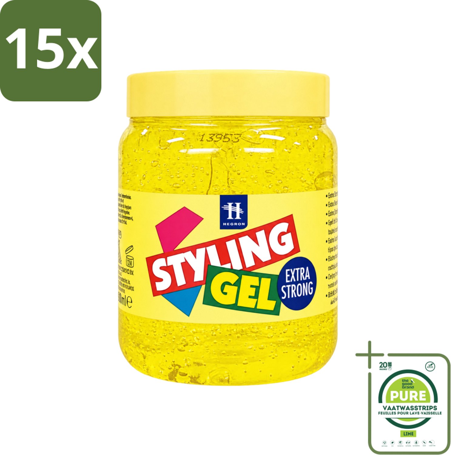 15 x Hegron - Styling Haargel - Extra Strong - Voor Sterke Fixatie - 500 ml - Grootverpakking - Vaatwasstrips - Haarkleur - Haartype - Stylinggel - Haartypen - Haartypen
