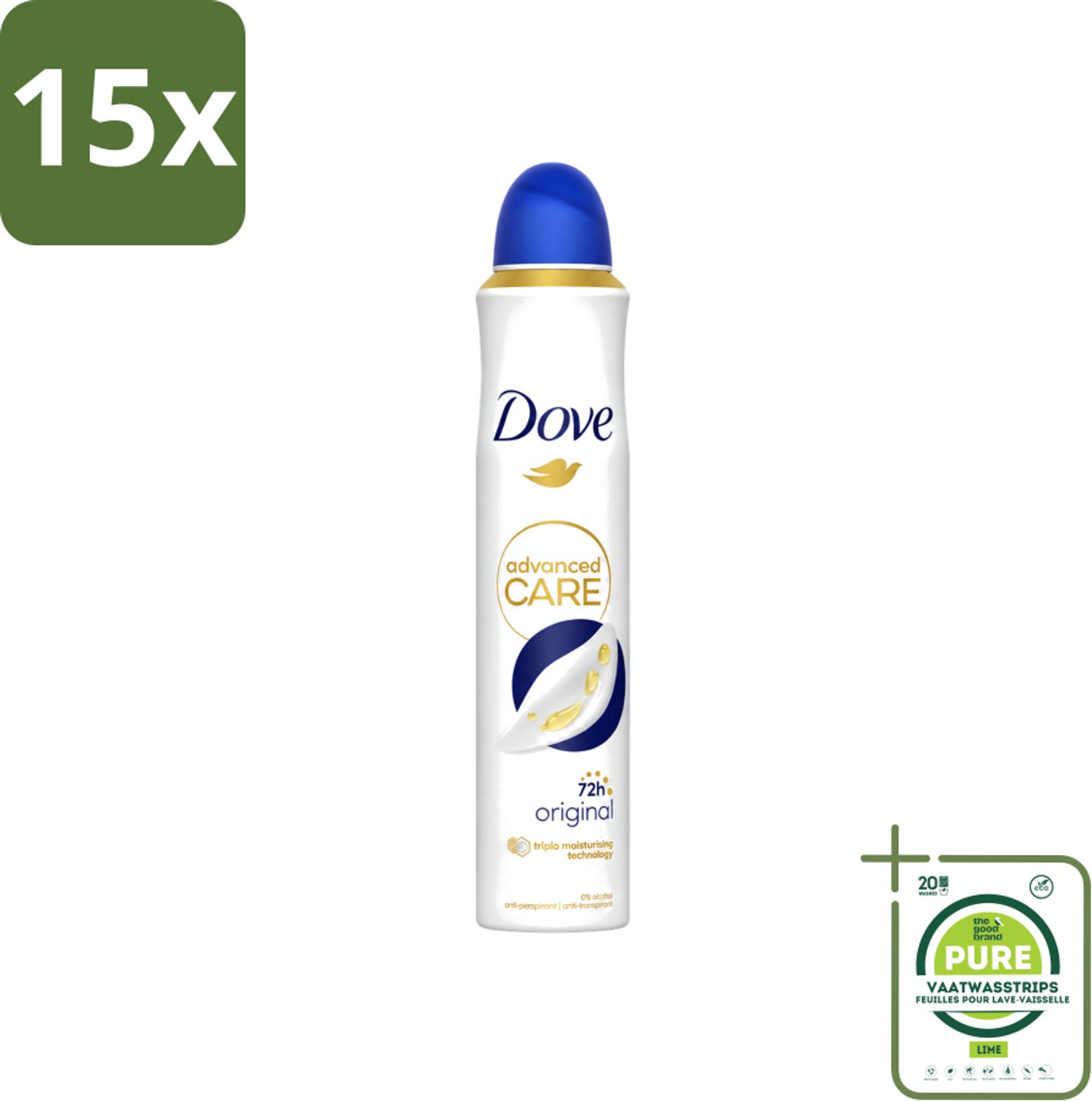 15 x Dove - Deodorant - Spray Advanced Care - Frisse en langdurige bescherming - 200 ml - Grootverpakking - Vaatwasstrips - Anti-transpirant Spray - Huidverzorging - Zweetvermindering - Geurvermindering - Scherenhuid