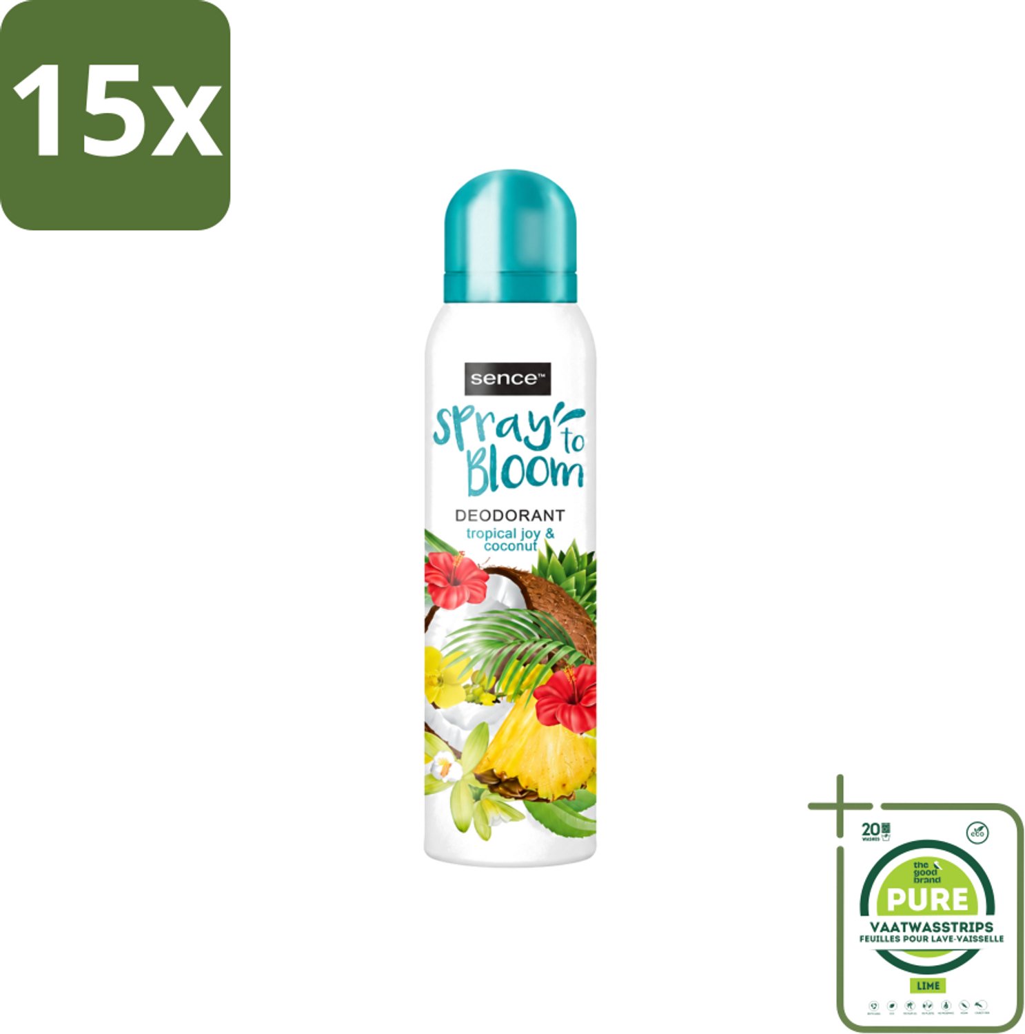 15 x Sence - Tropical Joy & Coconut - Deodorant - Exotisch - 150 ml - Grootverpakking - Vaatwasstrips - Tropische Geur - Kokos - Exotische Geur - Deodorant - Frisheid