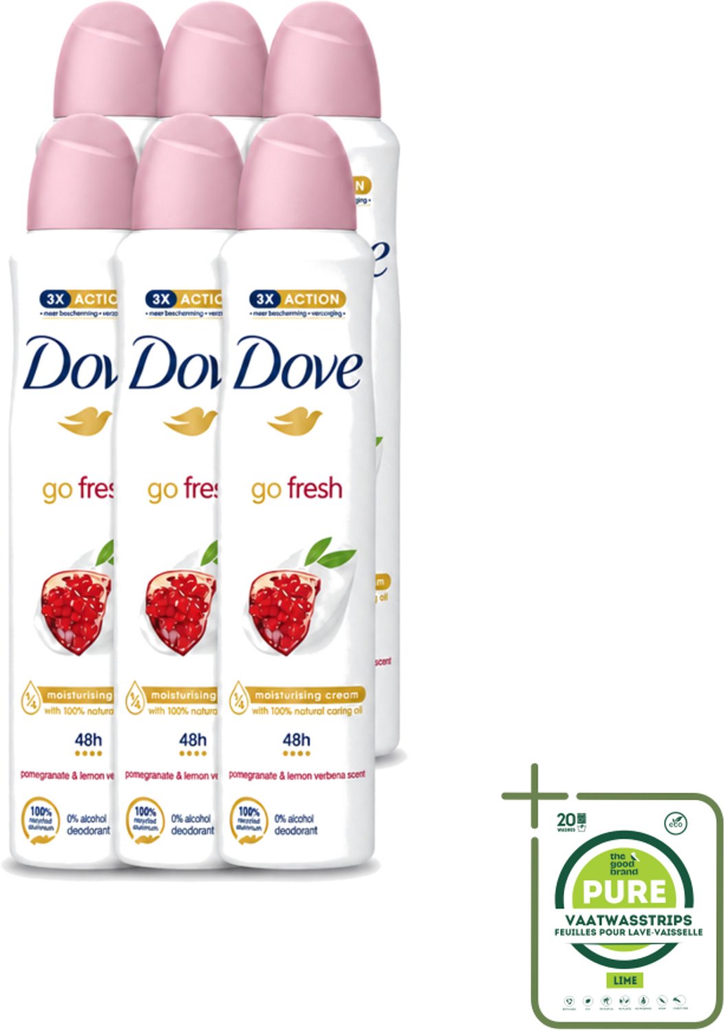 6 x Dove - Deodorant - Spray Go Fresh - Granaatappel - Fruitige geur - 250 ml - Grootverpakking - Vaatwasstrips - Dove Deodorant Spray - Geurige Anti-transpirant - Frisheid - Fruitige Geur - Gevoelige Huid