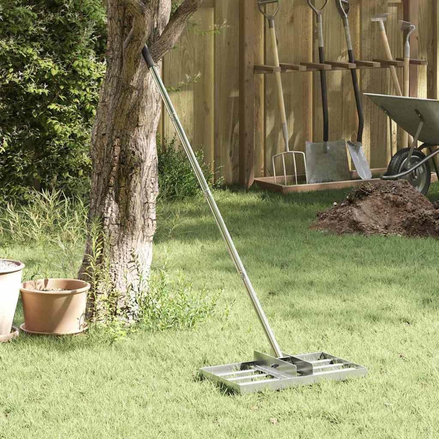 Tuinhark van roestvrij staal, 200 cm, verstelbare rekenkop voor bladeren, bloembed en tuin, robuuste bladhark met ergonomische handgreep, zilver