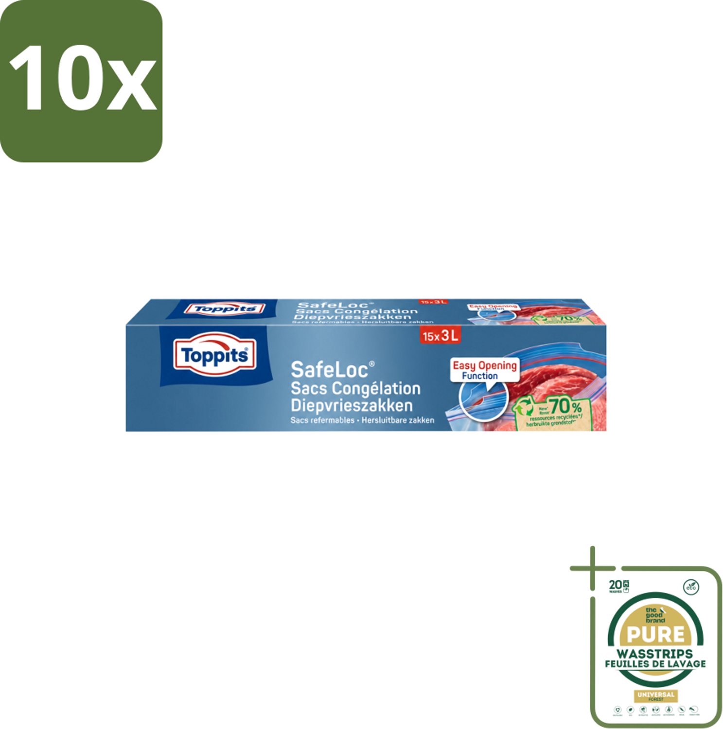 10 x Toppits – Safeloc Zip-Diepvrieszakken – 3 Liter – 15 Zakjes - Wasstrips - Diepvrieszakken - Dubbele Sluiting - Voedselbescherming - Herbruikbaar - Vriesbrand