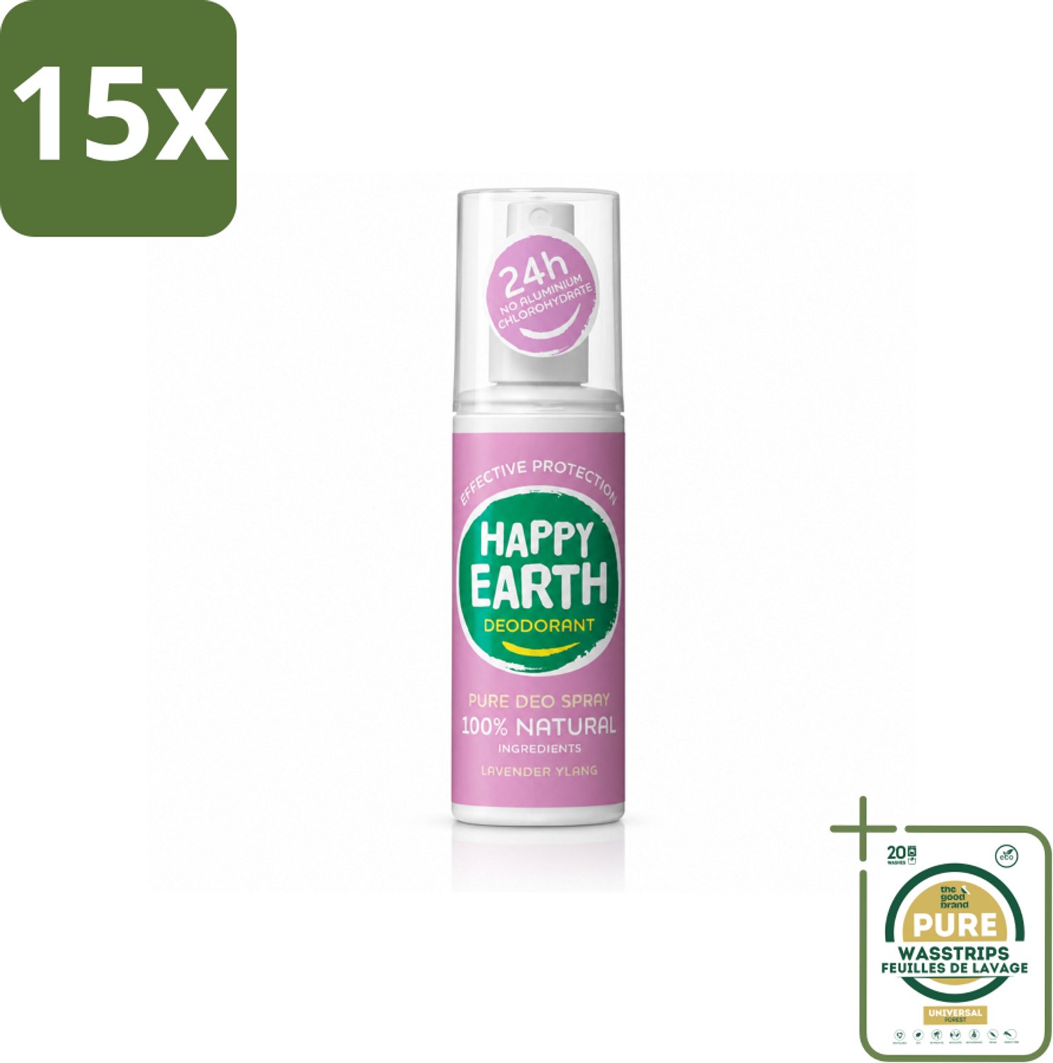 15 x Happy Earth – Deodorant Spray – 100% Natuurlijk Lavender Ylang – 100 ml - Wasstrips - Deodorant Spray - Natuurlijke Deodorant - Lavendel Geur - Ylang-ylang Geur - Huidvriendelijk