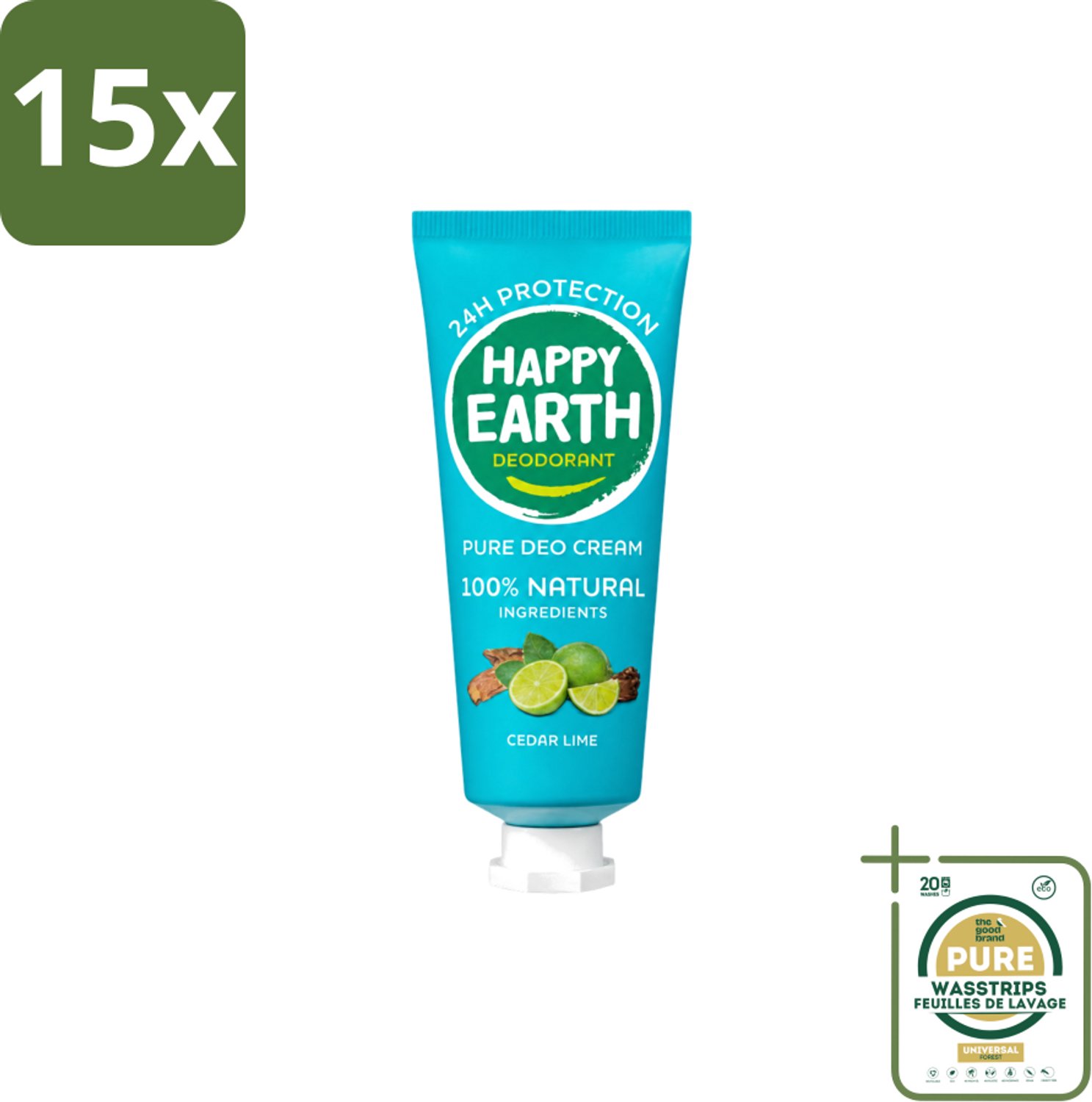 15 x Happy Earth – Deodorant Cream – 100% Natuurlijk Cedar Lime – 40 ml - Wasstrips - 100% Natuurlijk Deodorant - Natuurlijke Deodorant Crème - Deodorant Crème Ceder Lime - Fris Deodorant - Huidvriendelijk Deodorant