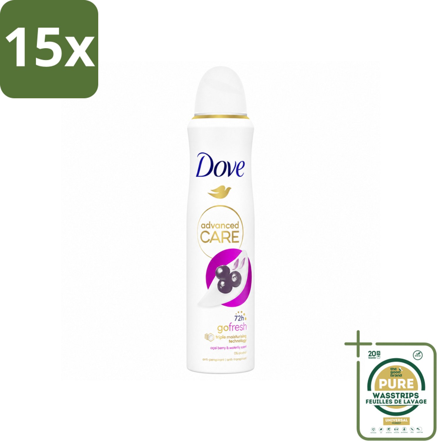 15 x Dove – Deodorant Spray – Acai Berry & Waterlily – 150 ml - Wasstrips - Anti-transpirant Spray - Deodorant Spray - Acai Berry - Waterlily Geur - Zweetvermindering