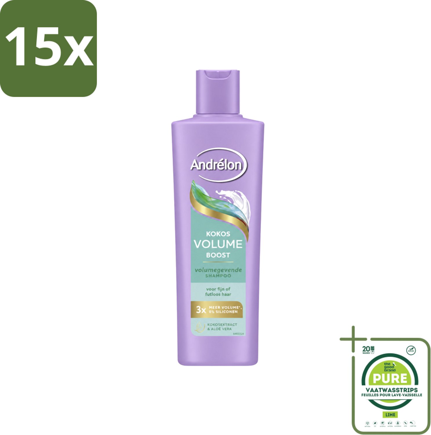 15 x Andrélon – Shampoo – Volume Boost – 250 ml - Grootverpakking - Vaatwasstrips - Haar Volume - Kokos Shampoo - Volume Boost - Fijn Haar - Futloos Haar